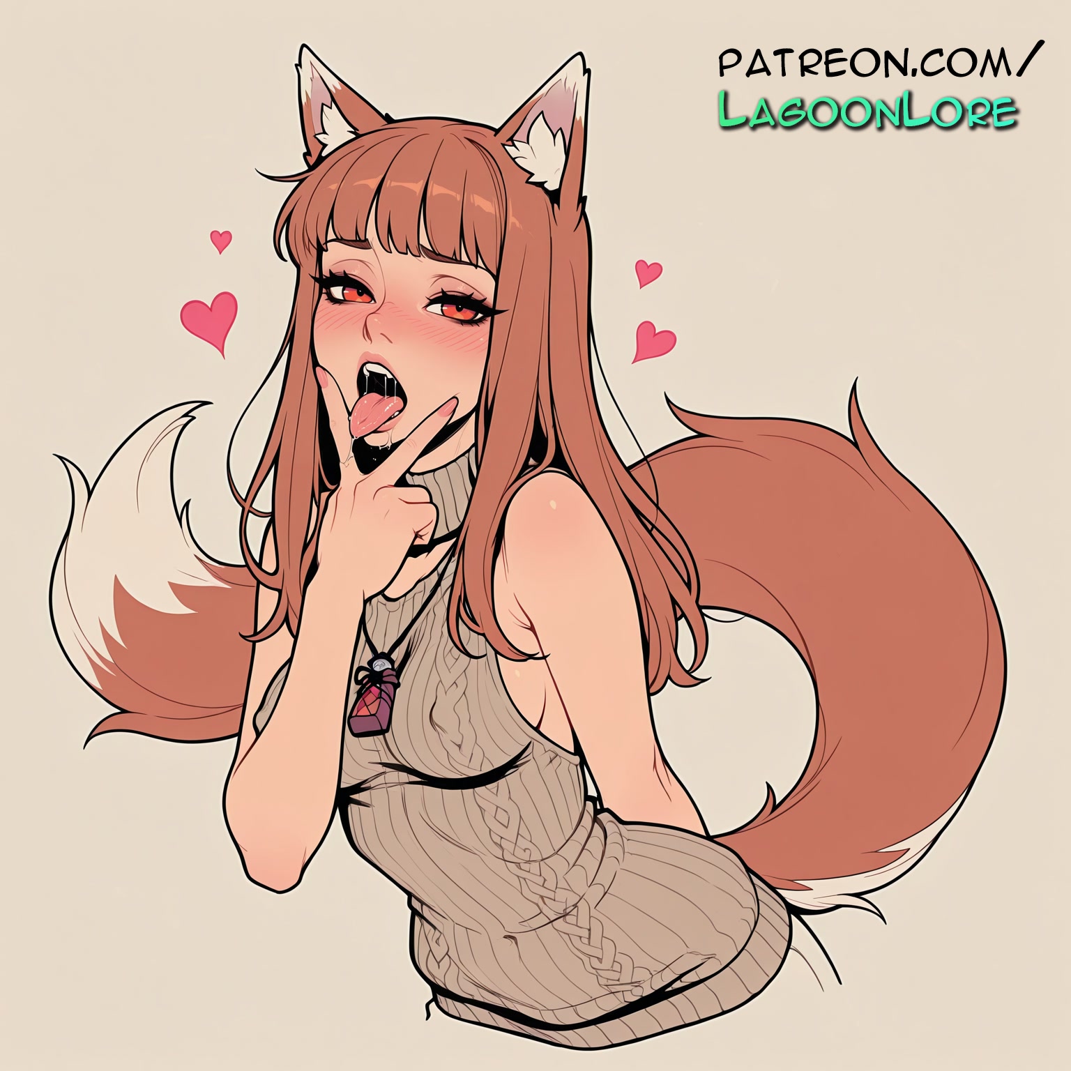 ai generated, animal ears, aran sweater, artist name, bangs, bare shoulders, blunt bangs, blush, breasts, brown hair, bust, chest, dog tail, female, fox tail, heart, heart-shaped pupils, hi res, highres, holo, lagoonlore, long hair, meme attire, open mouth, patreon, patreon username, ribbed sweater, solo, spice and wolf, sweater, symbol-shaped pupils, tail, tail wagging, tongue, tongue out, turtleneck, v, virgin killer sweater, watermark, wolf ears, wolf girl, wolf tail