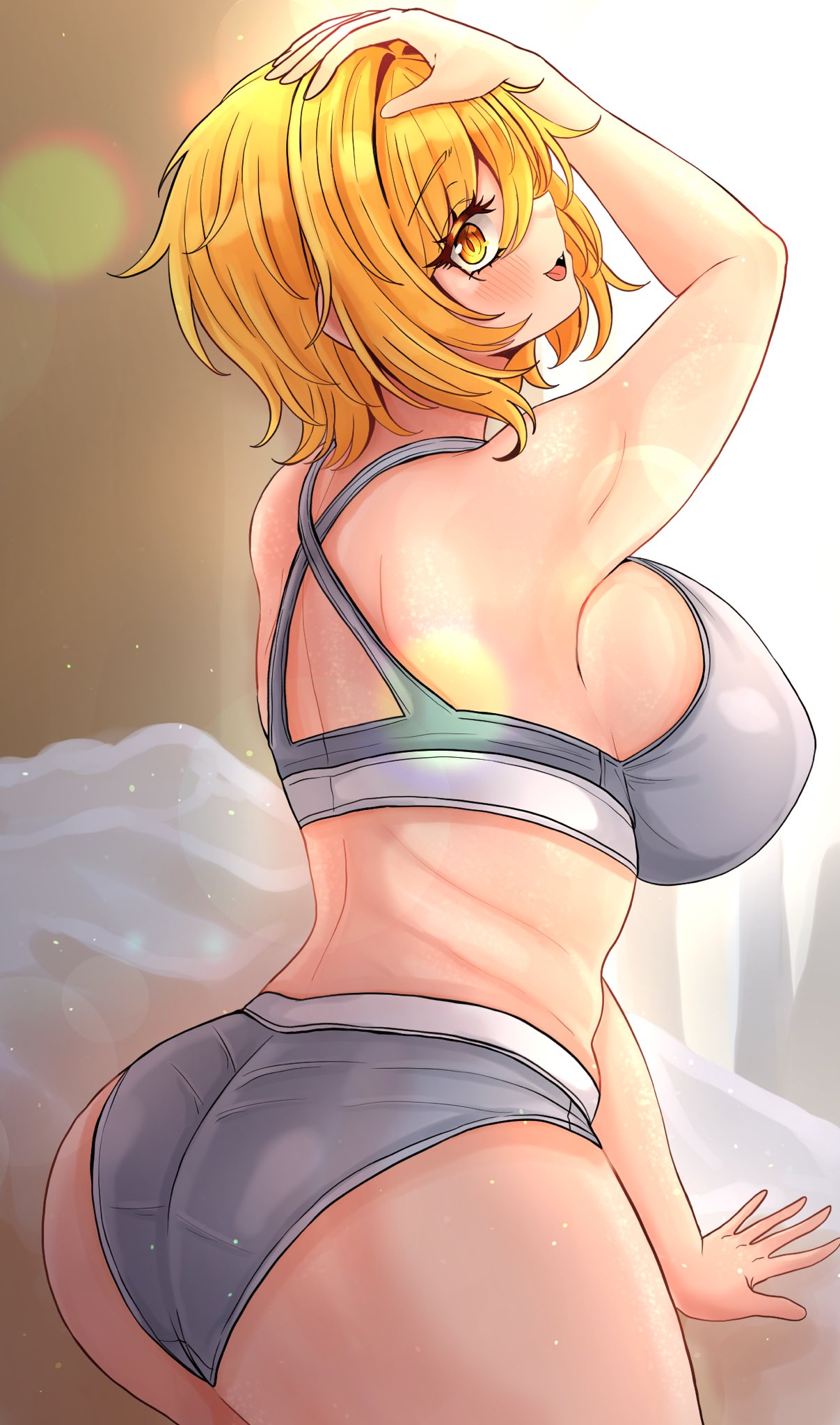 1girls, 2026, 2d, 2d (artwork), ass, back, back view, bbambi, big ass, big breasts, blush, boobs, breasts, butt, color, colored, digital media (artwork), don quixote (limbus company), female, female only, hair, hi res, large breasts, light skin, light-skinned female, limbus company, looking at viewer, looking back, matching hair/eyes, mouth open, open mouth, project moon, sancho (limbus company), semi nude, smile, solo, thick thighs, thighs, tits, yellow eyes, yellow hair