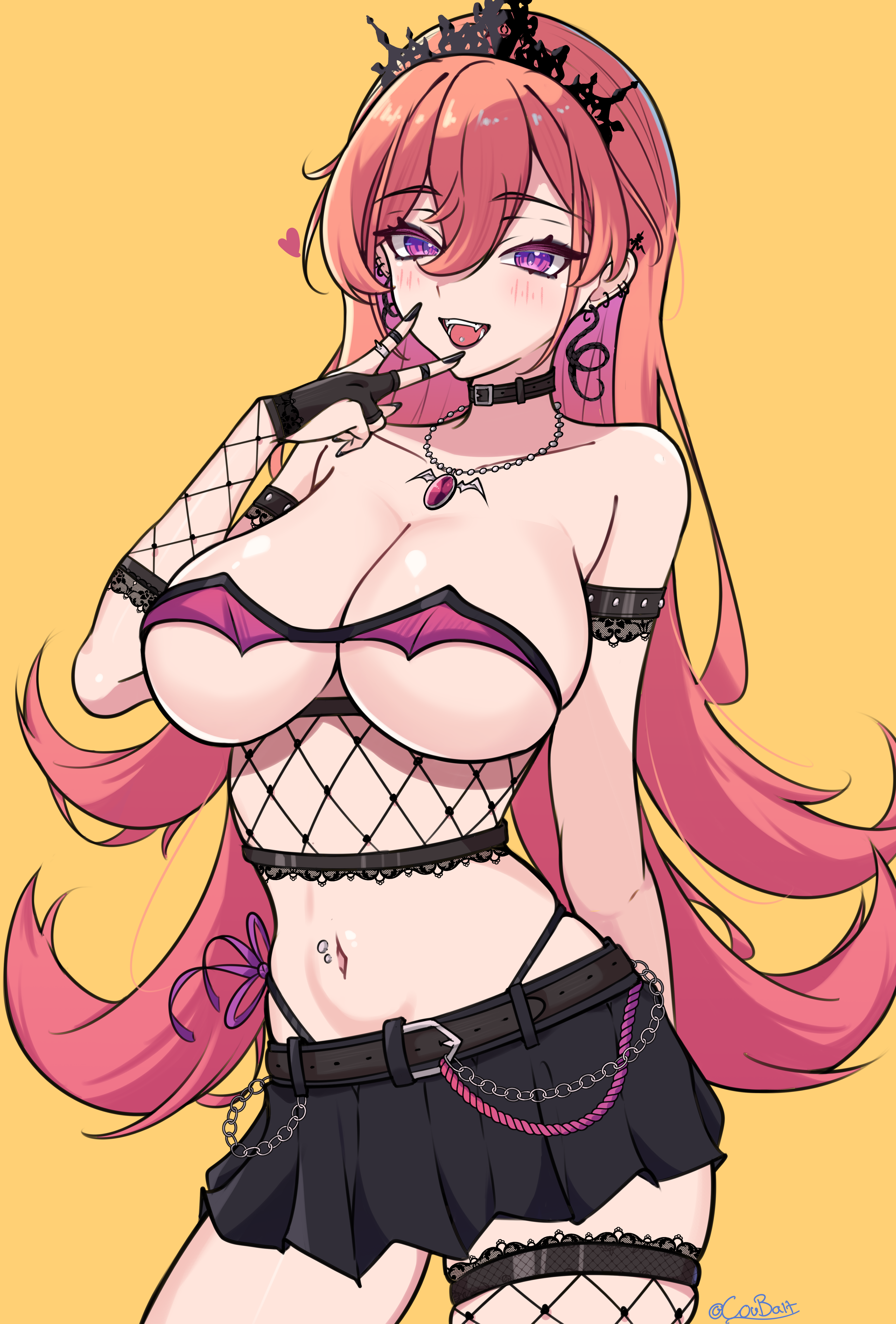 1girls, absurdres, beautiful girl, belt, belt collar, belted skirt, beltskirt, black belt, black miniskirt, black nails, black skirt, black tiara, breasts, cleavage, collar, commentary, coubalty, earrings, english commentary, female, female only, fingerless gloves, fishnet thighhighs, fishnets, gloves, gothic, gradient hair, hair between eyes, heavenly body, highres, jewelry, leaning to the side, light skin, light-skinned female, long fingernails, long hair, long nails, miniskirt, multicolored hair, nail polish, navel, necklace, open mouth, orange hair, painted fingernails, painted nails, panty straps, phase connect, phase euphoria, piercing, pink hair, purple eyes, revealing clothes, runie ruse, second-party source, short skirt, single fishnet legwear, skimpy clothes, skirt, snake earrings, solo, stomach, thighhighs, thong, thong above skirt, thong straps, tiara, tomboyish, twitter username, unbothered, virtual youtuber, vtuber, wholesome, yellow background