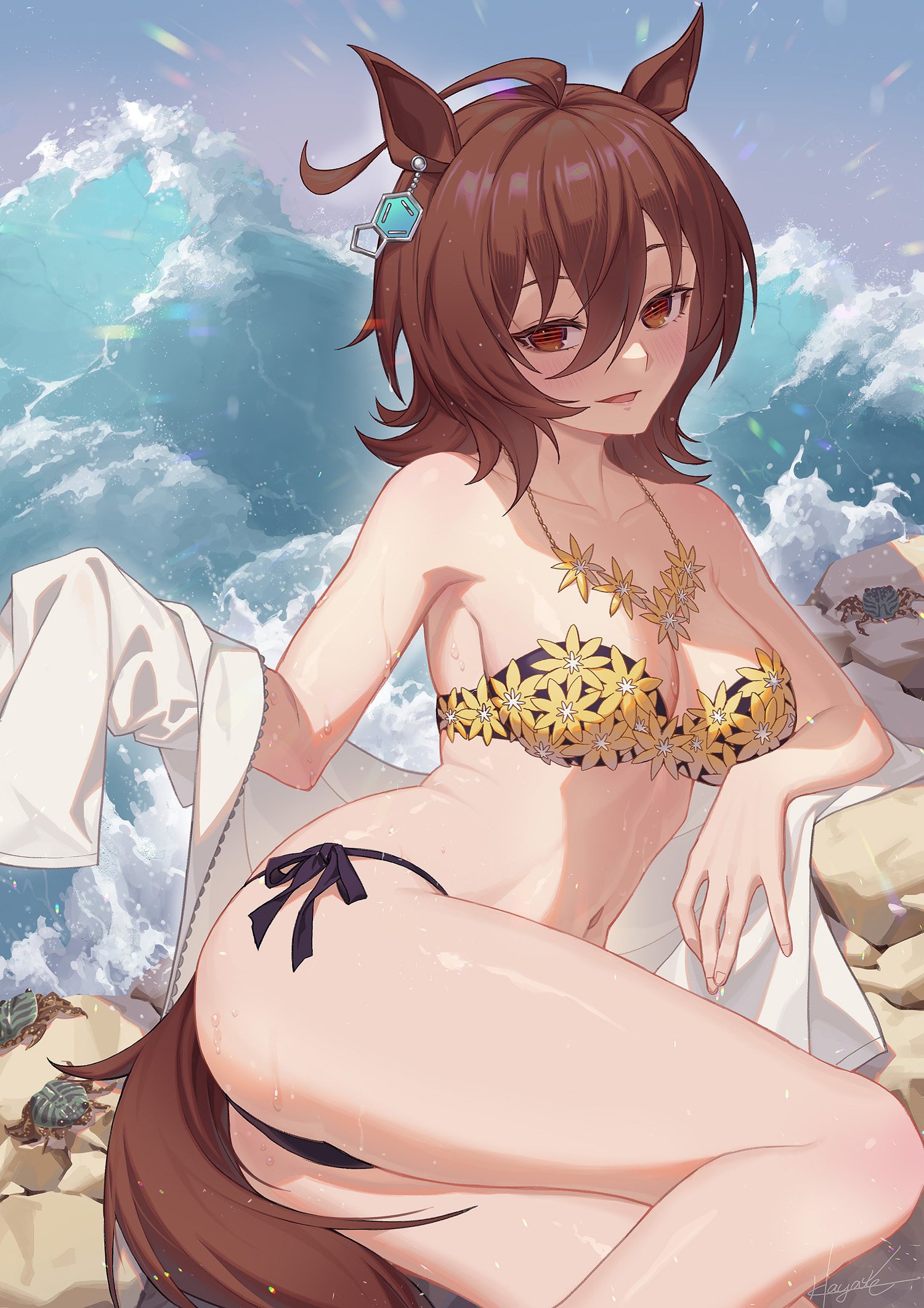 agnes tachyon (umamusume), ahoge, alternate costume, animal ears, bikini, blush, breasts, brown hair, cleavage, crab, earrings, feet out of frame, female, hair between eyes, hayate (leaf98k), highres, horse ears, horse girl, horse tail, jacket, jewelry, leaf98k, legs, looking at viewer, medium breasts, navel, necklace, open mouth, orange eyes, outdoors, rock, side-tie bikini bottom, signature, single earring, sitting, solo, swimsuit, tail, thighs, umamusume, waves, wet, white jacket, yokozuwari