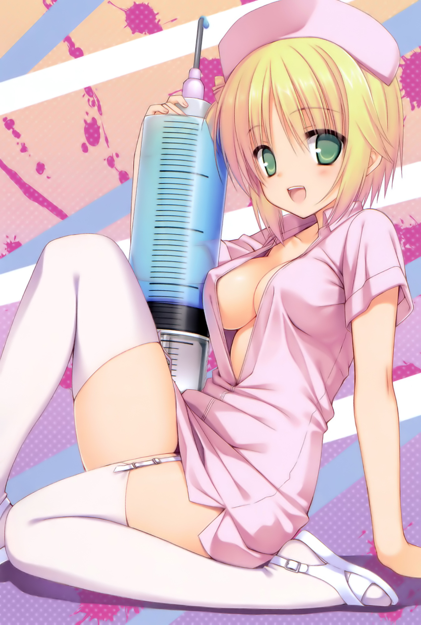 :d, arm support, blonde hair, breasts, cleavage, empty eyes, female, garter straps, green eyes, hat, kore wa zombie desu ka?, large syringe, leaning forward, muririn, nurse, nurse cap, official art, open mouth, oversized object, sandals, short hair, sitting, smile, solo, syringe, thighhighs, white legwear, yoshida yuki