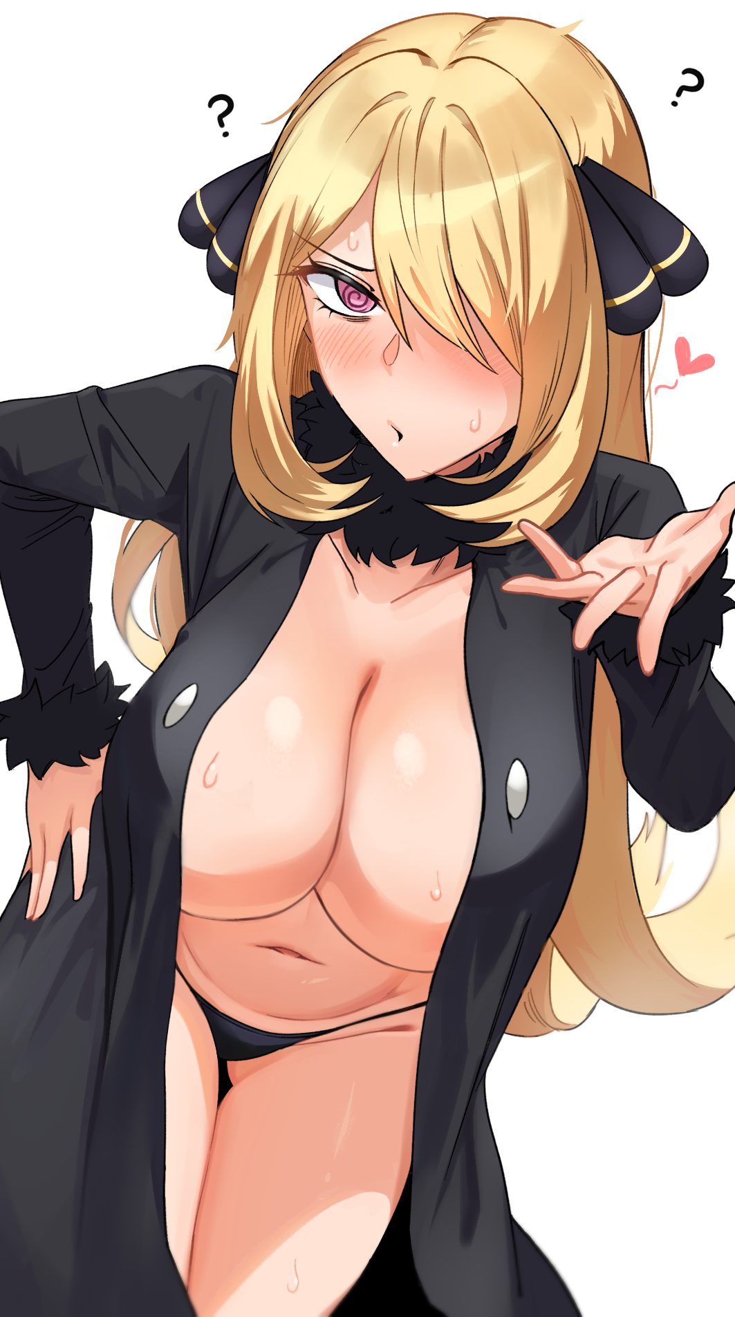?, @ @, 1girls, bent over, big breasts, black panties, blonde hair, blowing kiss, blush, breasts, busty, child bearing hips, coat, collarbone, commentary, cynthia (pokemon), female, female only, foreshortening, fur trim, fur-trimmed sleeves, gluteal fold, gungye, hair ornament, hair over one eye, hand on hip, hanging breasts, heart, highres, hypnosis, leaning forward, long hair, looking at viewer, mind control, navel, nintendo, no bra, open clothes, open coat, panties, pink eyes, pokemon, pokemon dppt, pose, posing, puckered lips, simple background, solo, sweat, thigh gap, thighs, thong, underwear, voluptuous, white background