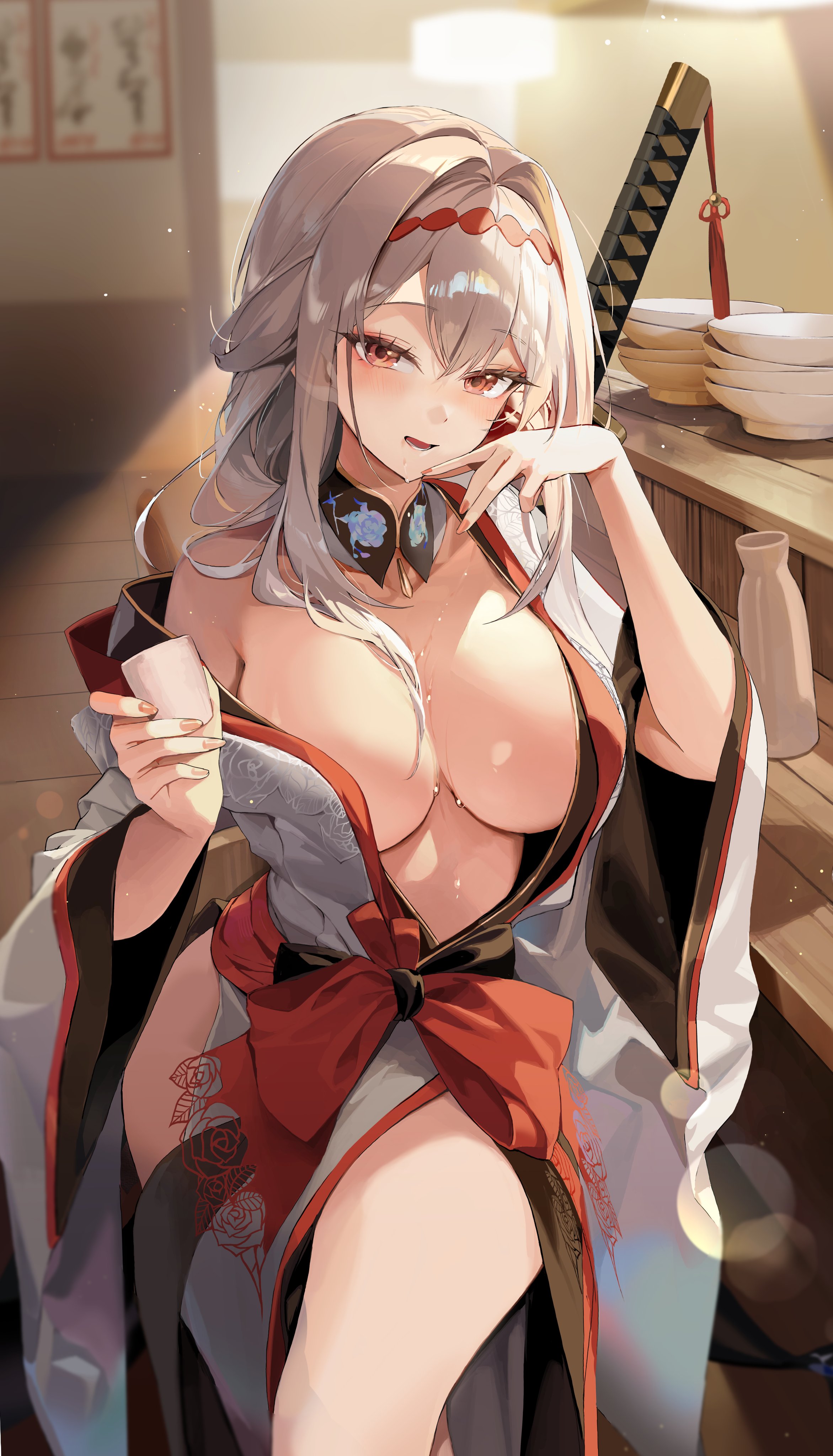absurdres, bowl, bowl stack, breasts, choko (cup), choyeon, cleavage, cup, detached collar, female, floral print, goddess of victory: nikke, highres, holding, holding cup, japanese clothes, katana, kimono, large breasts, long hair, looking at viewer, no bra, off shoulder, open mouth, pelvic curtain, red eyes, red sash, sash, scarlet (black shadow) (longing flower) (nikke), scarlet (black shadow) (nikke), scarlet (nikke), single bare shoulder, smile, solo, sweat, sword, thighs, tokkuri, weapon, weapon on back, white hair, white kimono