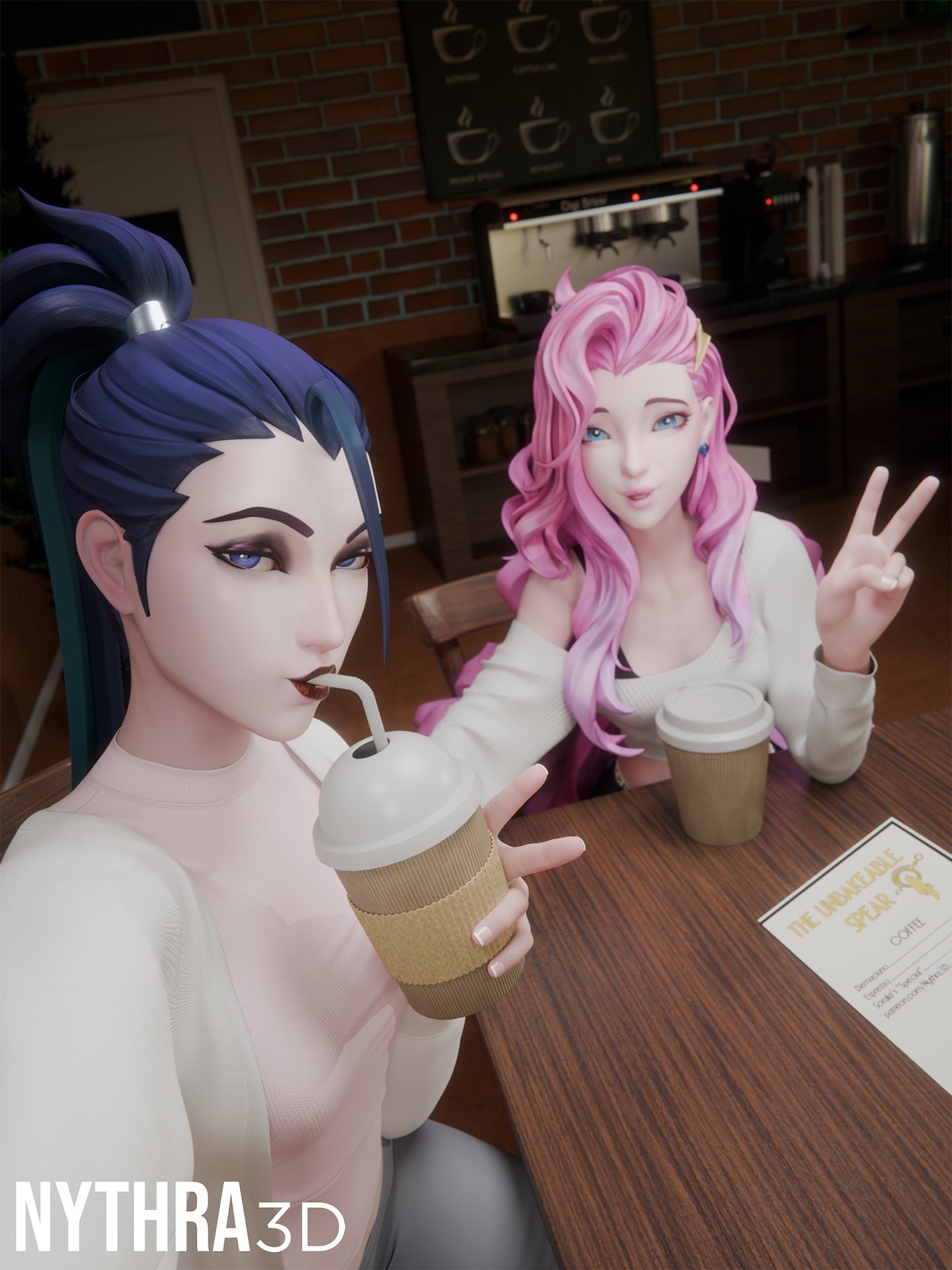 2girls, 3d, blue eyes, blue hair, cafe, coffee, coffee shop, drinking, drinking coffee, drinking from straw, ear piercing, earrings, espresso machine, indoors, kai'sa, league of legends, looking at viewer, nythra3d, pale skin, pale-skinned female, peace sign, pink hair, ponytail, riot games, seraphine (league of legends), smile, straw in mouth, watermark