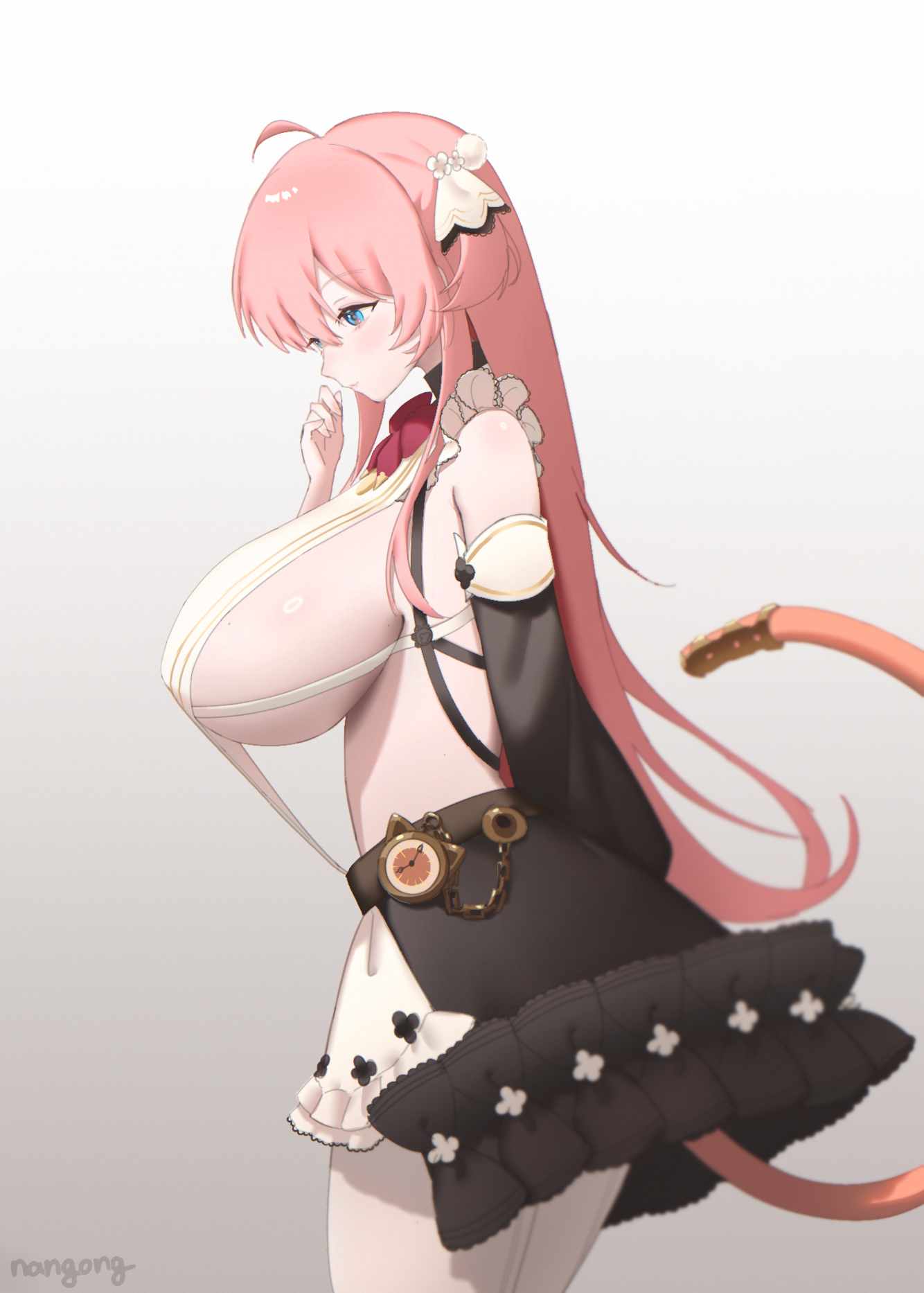 1girls, aged up, alf (silver palace), blue eyes, breasts, female, female focus, female only, grown up, huge breasts, long hair, looking down, maid, maid apron, maid outfit, nangong, pink hair, side view, silver palace, tail, white background