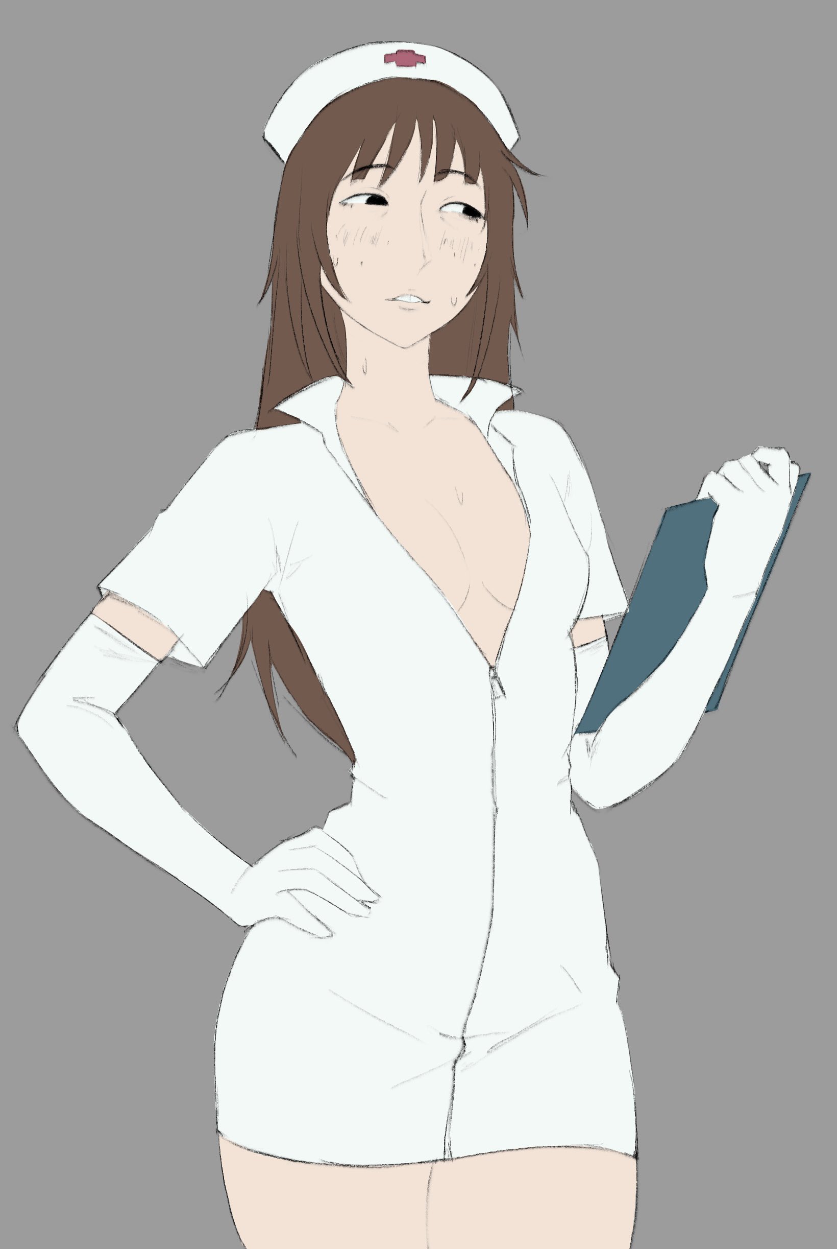 cleavage, dress, freckles, kara eklund (hitsujigoods), meruzis, minidress, nurse, nurse uniform, short dress, small breasts, tight clothing, uniform