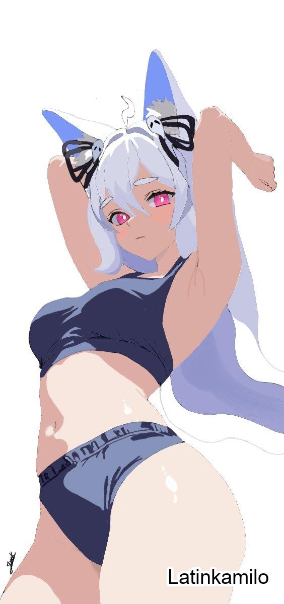 1girls, 2d, 2d (artwork), 2d artwork, ahoge, animal ear fluff, animal ears, animal tail, arm up, armpit, armpit crease, armpit peek, armpits, arms up, bare armpits, bare arms, bare belly, bare hands, bare legs, bare midriff, bare navel, bare shoulders, bare skin, bare thighs, belly, belly button, black bra, black panties, black underwear, blank expression, blank eyes, blank stare, bored, bored expression, bra, breasts, cat ears, cat tail, collarbone, curvaceous, curvaceous body, curvaceous female, curvaceous figure, curvaceous hips, curvy, curvy body, curvy female, curvy figure, curvy hips, digital, digital art, digital drawing, digital drawing (artwork), digital media, digital media (artwork), elbows, emotionless, exposed armpits, exposed arms, exposed belly, exposed legs, exposed midriff, exposed navel, exposed shoulders, exposed skin, exposed thighs, female, female focus, female only, fingers, hair between eyes, hairless armpits, hand up, hands up, head tilt, high resolution, highres, hourglass figure, indie virtual youtuber, latinkamilo, lean figure, long hair, looking at viewer, looking down, looking down at viewer, medium breasts, midriff, narrow waist, navel, neutral expression, panties, pink eyes, pink-eyed female, pookyboo, presenting armpit, shaved armpits, shoulders, simple background, slender body, slender waist, slim waist, solo, standing, thick thighs, thighs, tilted head, underwear, underwear only, upper body, virtual youtuber, vtuber, vtuberfanart, white background, white eyebrows, white hair, white pupils, white-haired female, wide hips