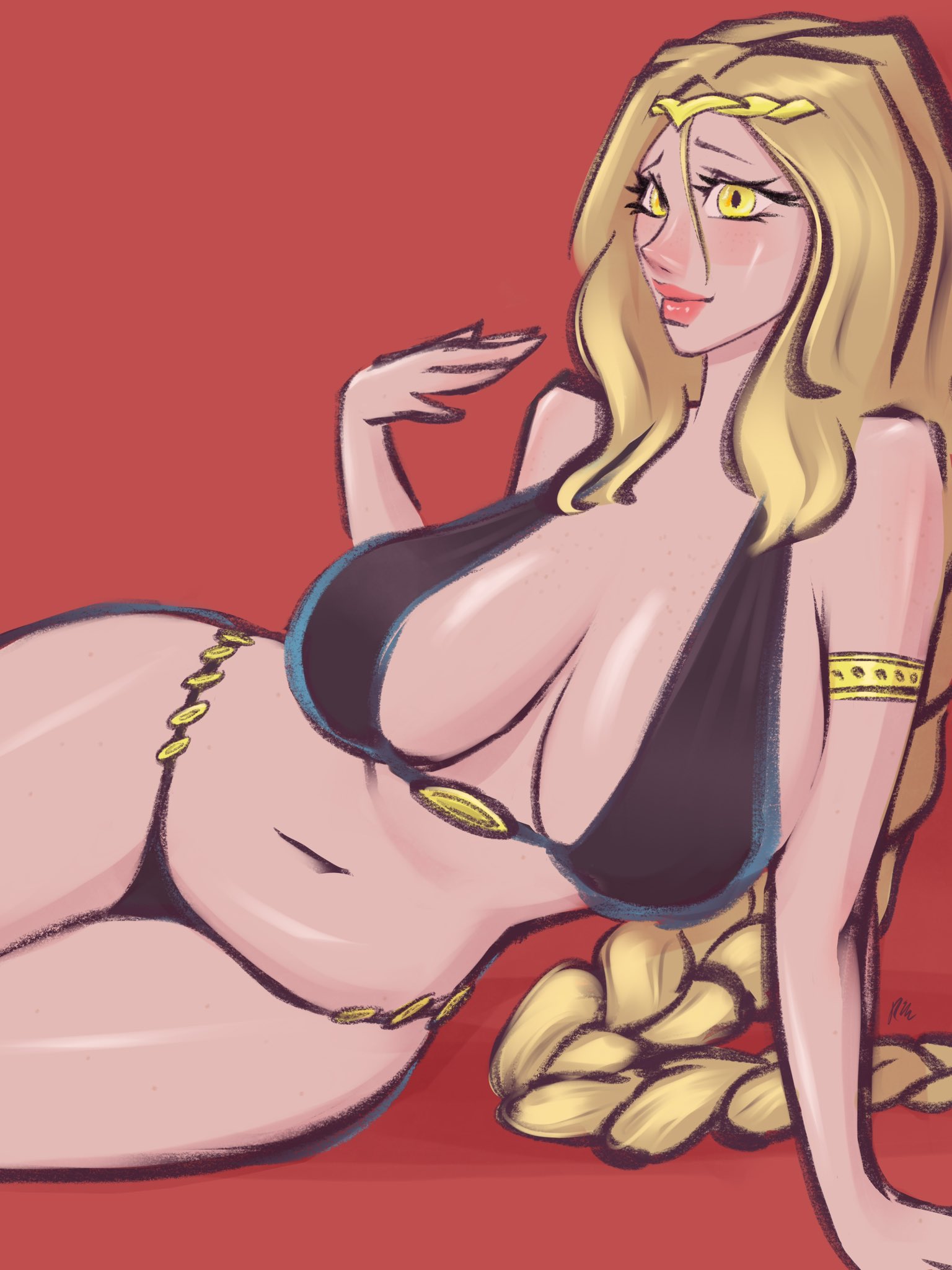 big breasts, bikini, bikini bottom, bikini top, black bikini, blonde female, blonde hair, breasts, elden ring, fancylazard, female, female only, hourglass figure, hourglass figured female, huge breasts, inner sideboob, large breasts, lips, looking at viewer, queen marika the eternal, sagging breasts, solo, solo female, wide hips, yellow eyes