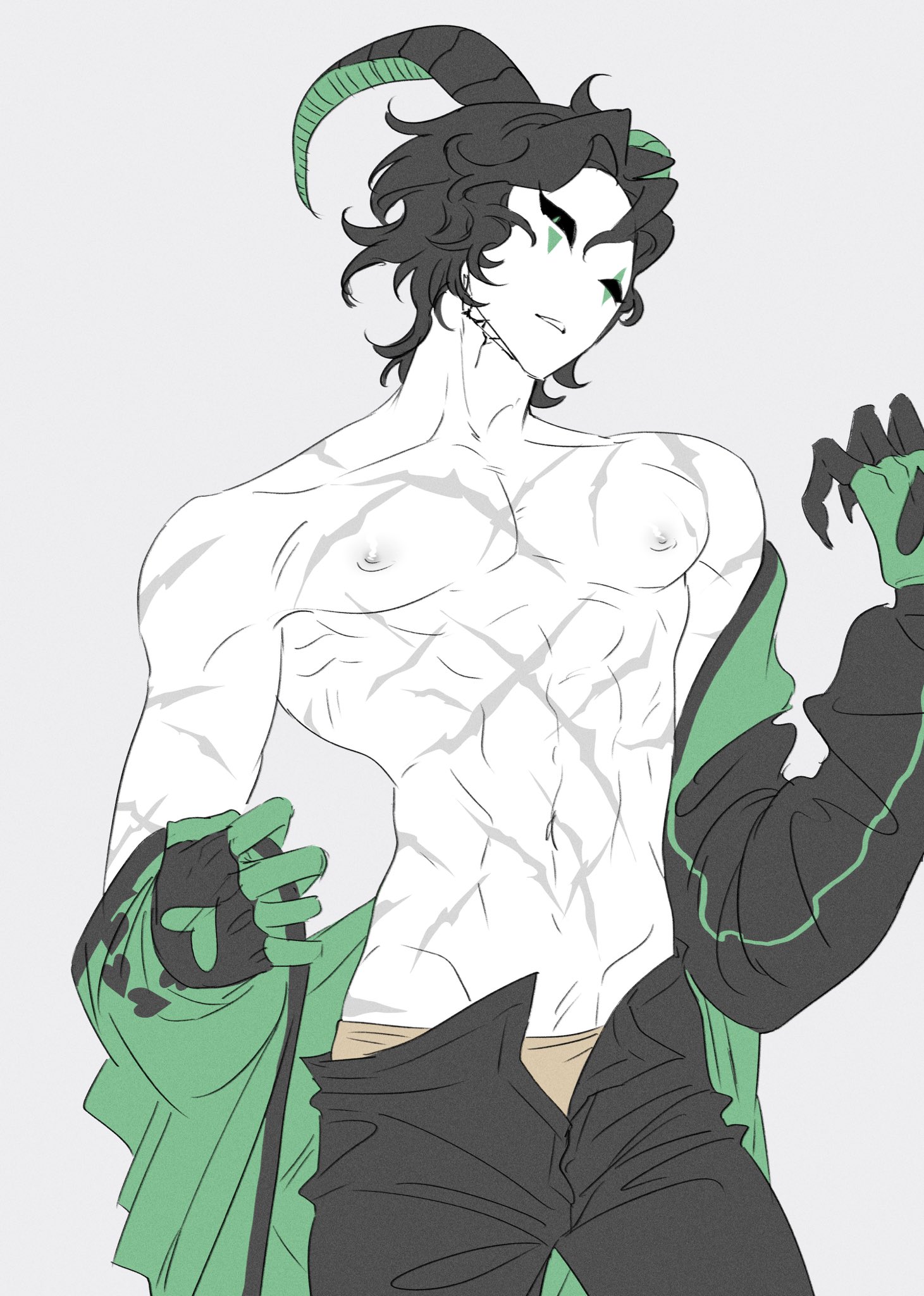 1boy, abs, baidaoovo, belly button, black hair, clown makeup, collarbone, gloves, harlequin (the freak circus), horns, jacket, looking at viewer, male, male only, muscular, nipples, open clothes, pants, pecs, scar, scars, shirtless, shirtless male, short hair, simple background, solo, solo male, suggestive, tagme, the freak circus, wide chest