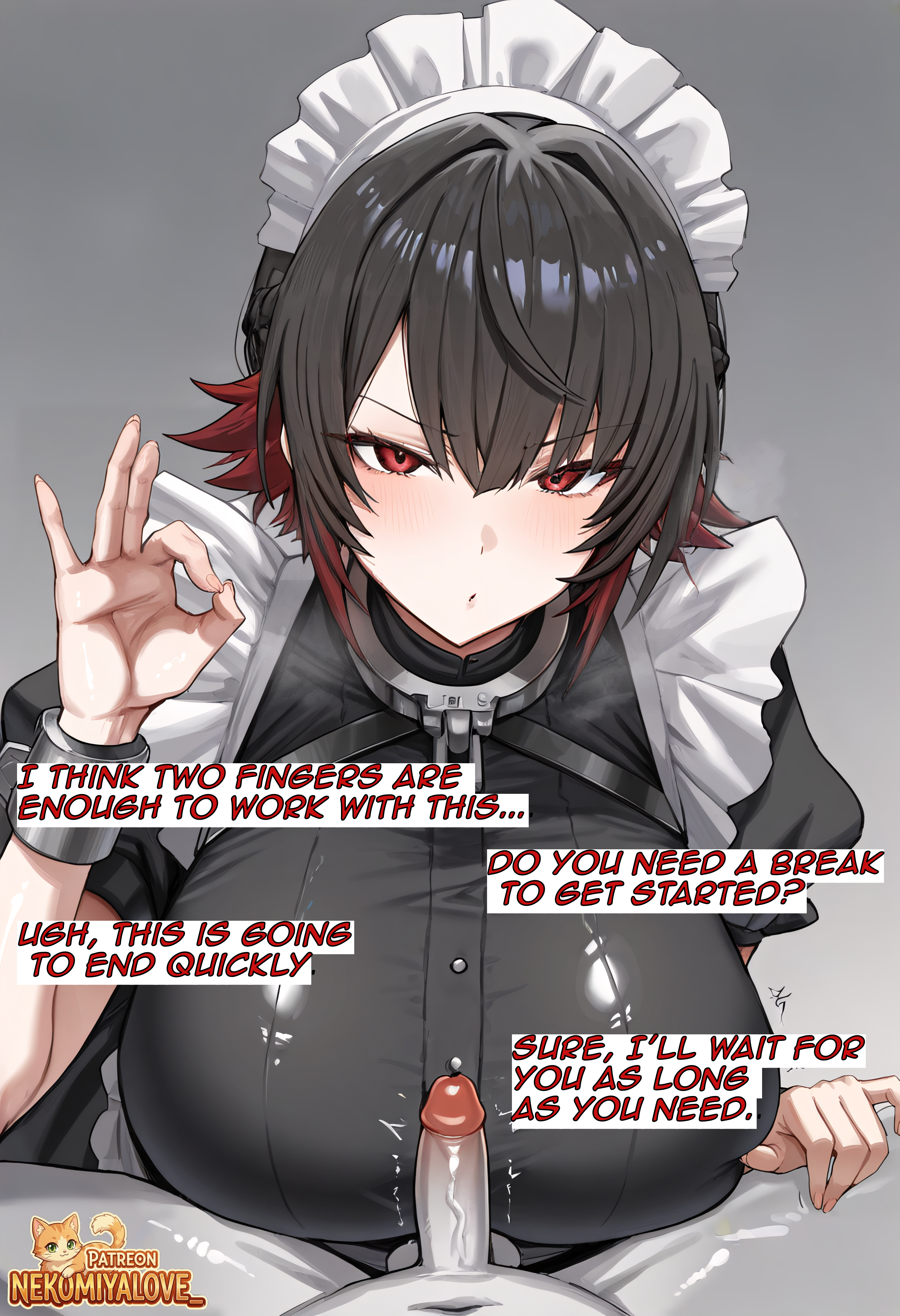 ai generated, big breasts, ellen joe, large breasts, nekomiya, netorare, premature ejaculation, small penis, small penis gesture, two-finger handjob, zenless zone zero