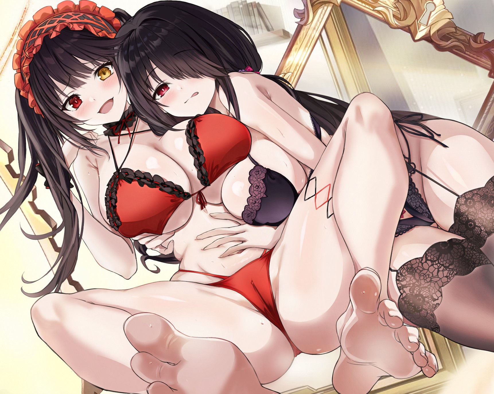 2girls, azur lane, barefoot, bikini, black bra, black hair, bra, breasts, cameltoe, clock eyes, date a live, dual persona, feet, grabbing another's stomach, heterochromia, highres, large breasts, licking lips, long hair, looking at viewer, multiple girls, navel, official alternate costume, picture frame, red bikini, red eyes, saint laurent paris, selfcest, soles, stomach, swimsuit, symbol-shaped pupils, thighs, toes, tokisaki kurumi, tokisaki kurumi (spirit), tokisaki kurumi (twin rose), tongue, tongue out, underwear, very long hair, yellow eyes, yuri