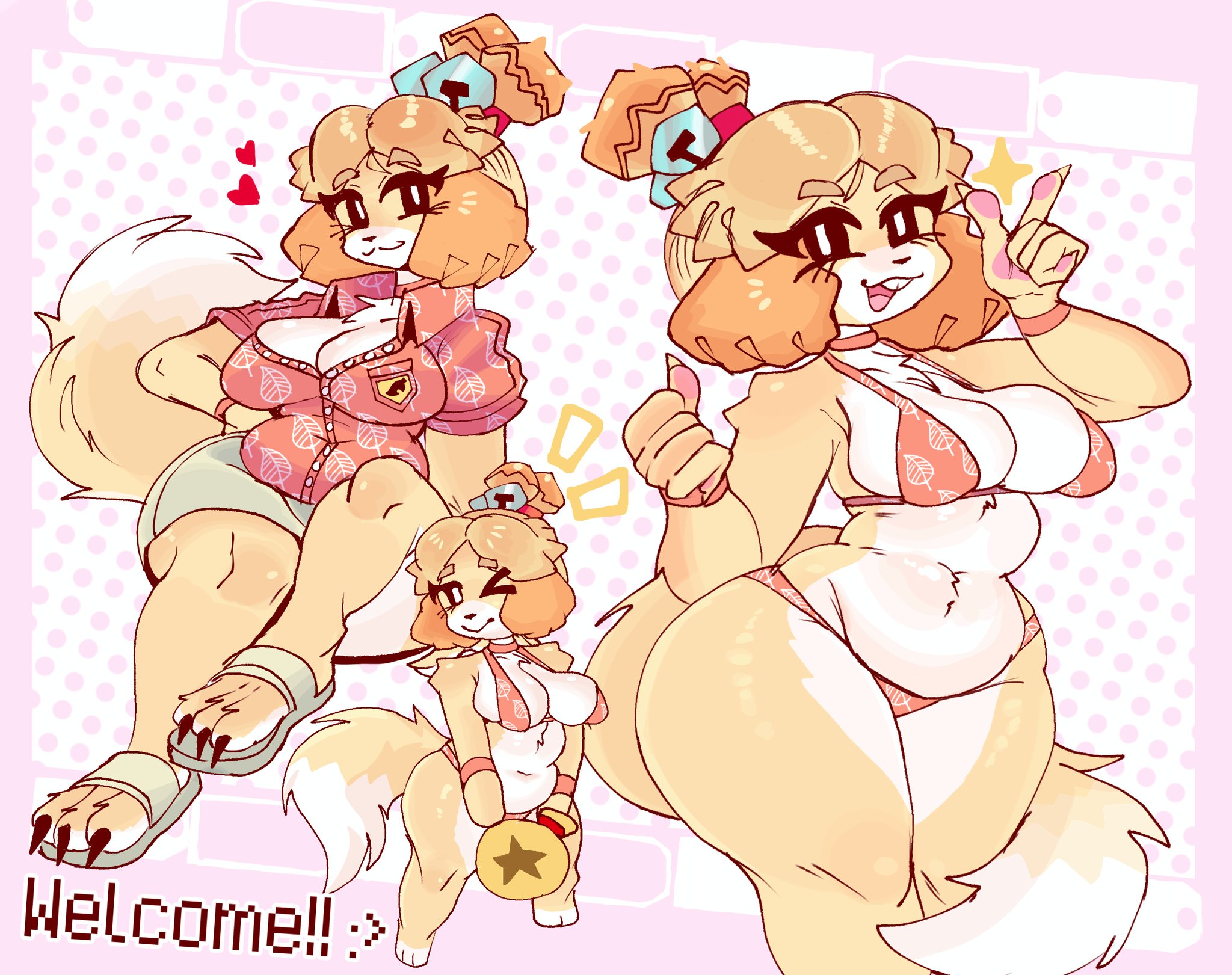 1girls, animal crossing, animal ears, animal nose, bell, bikini, body fur, bracelet, breasts, bright pupils, buck teeth, chibi, chibi inset, commentary, curvy, dog ears, dog girl, dog tail, english commentary, english text, female, female only, fingernails, floral print, floral print bikini, floral print shirt, full body, furry, furry female, grey skirt, hair bell, hair ornament, hands up, heart, highres, hip dips, index finger raised, isabelle (animal crossing), jewelry, large breasts, leaf print, looking at viewer, miaval tec, money bag, navel, nintendo, no sclera, open mouth, pawpads, pink background, plump, print bikini, sandals, sharp fingernails, sharp toenails, sitting, skirt, solo, stomach, swimsuit, tail, teeth, thick thighs, thighs, toenails, topknot, two-tone fur, white pupils, white sandals, wide hips, yellow fur