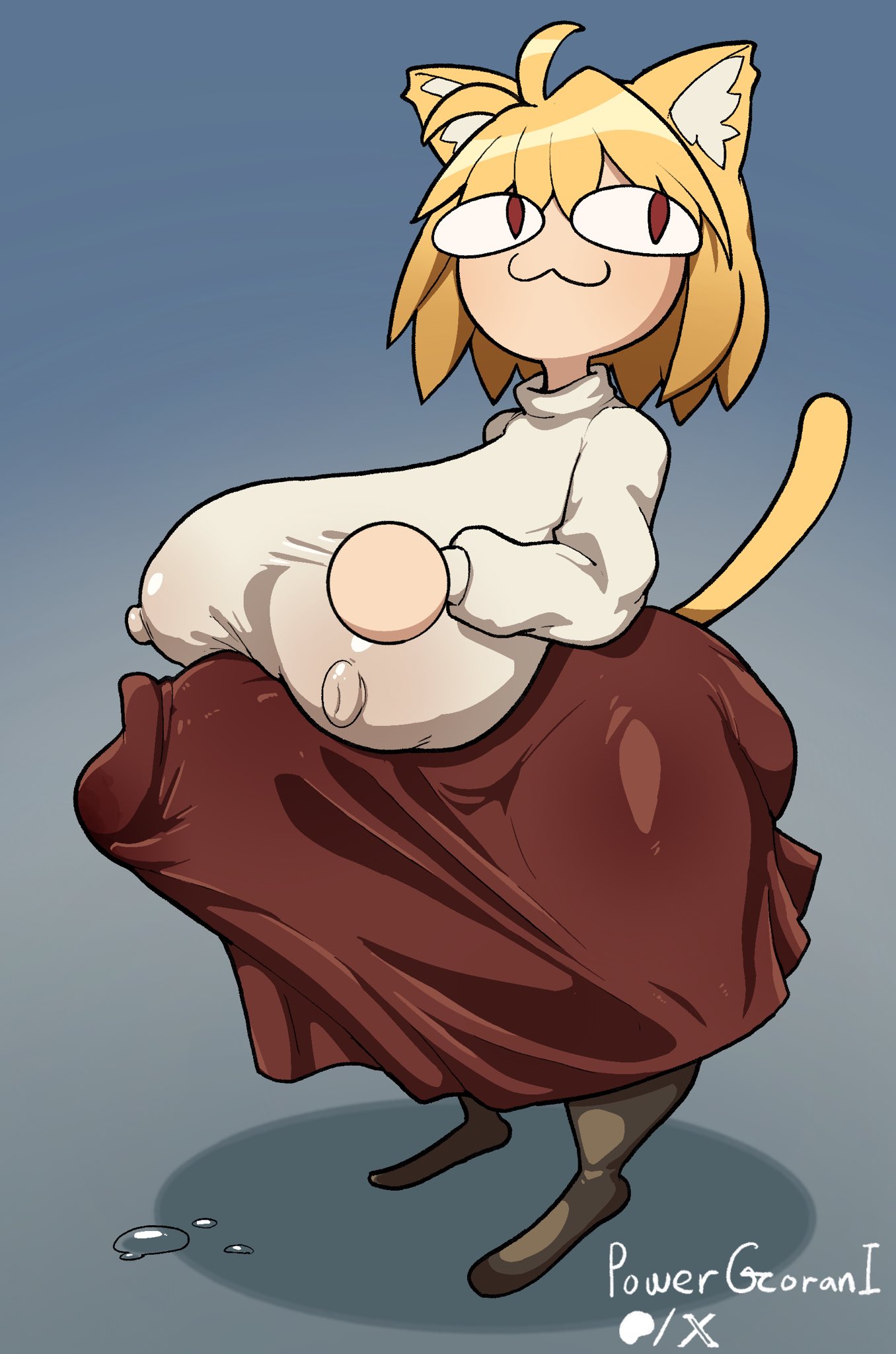 big breasts, bulge, catgirl, digital media (artwork), erection, feline, fully clothed, futanari, huge cock, looking up, melty blood arcueid figure (meme), neco-arc, powergorani, precum, precum on ground, red eyes, see-through, see-through clothing, simple background, solo, solo futa, tail, tsukihime, white skin, yellow hair