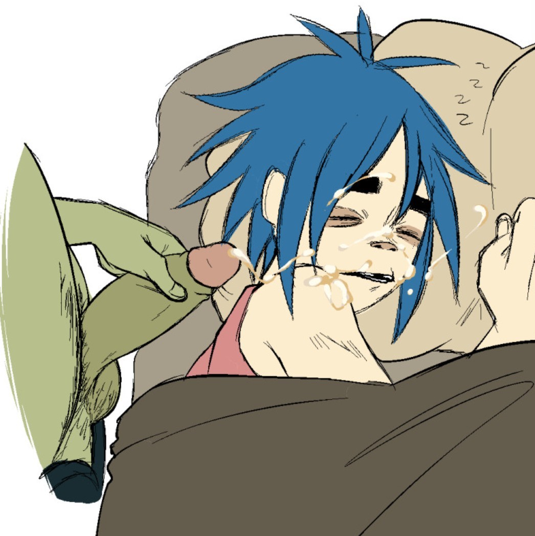 2d (gorillaz), blue hair, closed eyes, cum, cum on face, eyes closed, face closeup, gay, gay sex, gorillaz, green skin, green skinned male, light skin, light-skinned male, male, male focus, male only, male/male, mawile123, murdoc niccals, penis, penis out, sleeping, somnophilia, toony