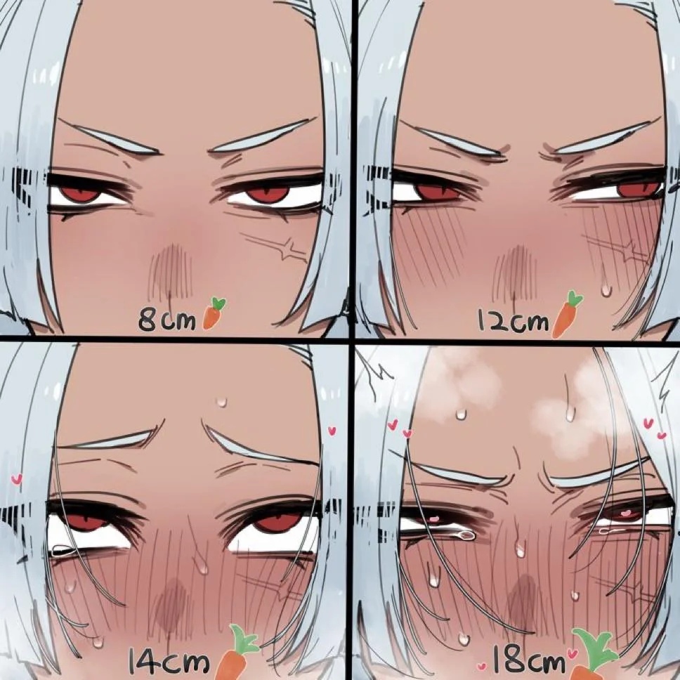 4 panel comic, blush, carrot, comparing, crying, disheveled, disheveled hair, eyes rolling back, femsub, heart, heart-shaped pupils, implied sex, measurements, miruko, my hero academia, penis size difference, ratatatat74, reaction chart, red eyes, rumi usagiyama, scar, superheroine, sweat, tan body, tanned, tears, tears of pleasure, text, unseen character, white hair