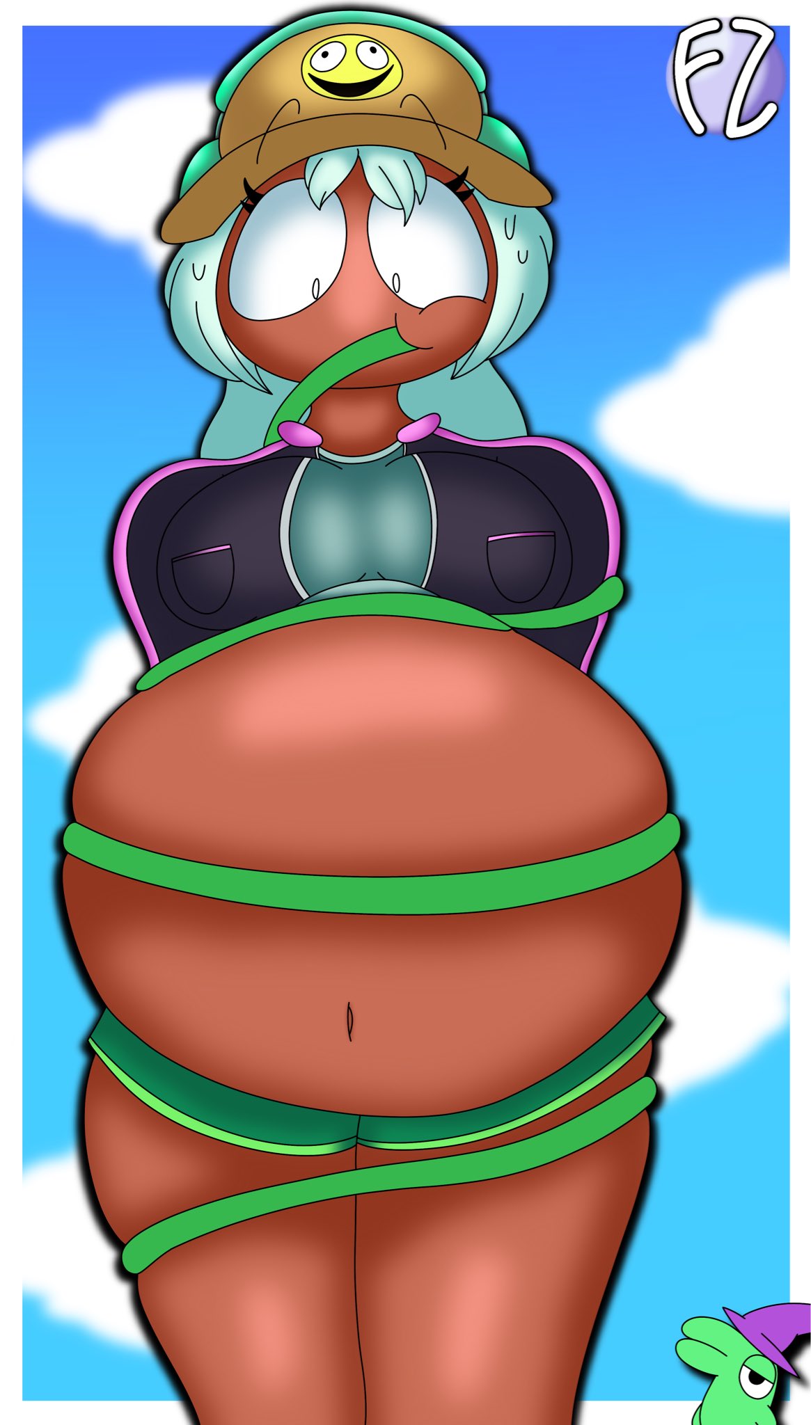 1girls, big breasts, big thighs, blue hair, breasts, dolly dimpley, fat stomach, female, fwoompzone, glep (smiling friends), hat, headphones, inflation, looking down, navel, shocked, shocked expression, smiling friends, smiling friends self inserts, stomach, stomach bulge, surprised, surprised expression, tagme, thighs, water hose, water inflation