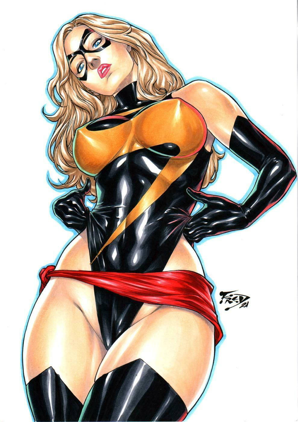 big breasts, blonde female, blonde hair, blue eyes, breasts, carol danvers, ed benes studio, female, female only, fred benes, marvel, marvel comics, ms. marvel, ms. marvel (carol danvers), no panties, seductive, solo female, solo focus