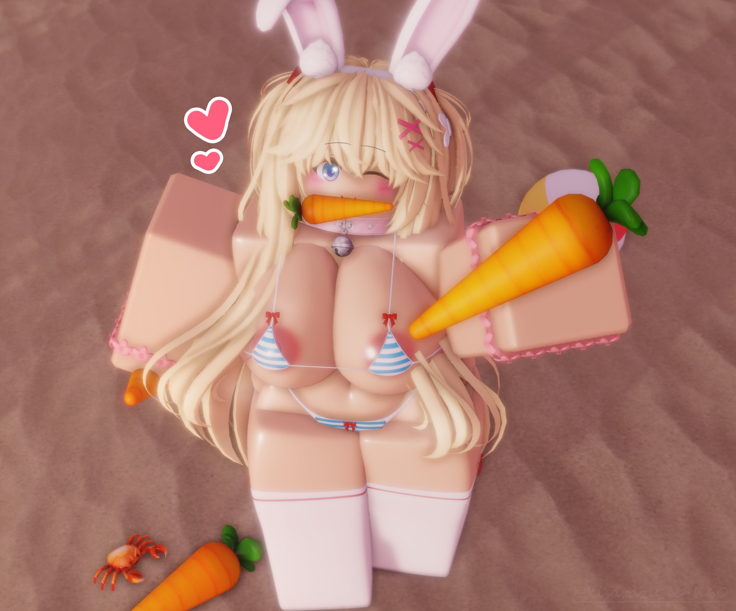 1girls, 3d, areola slip, bikini, carrot, costume, cute, cute face, hi res, highres, holding object, huge breasts, kisarazu senh60, rabbit, rabbit ears, rabbit girl, rabbit tail, roblox, robloxian, source request, tagme, thick, thick legs, thick thighs, thin waist