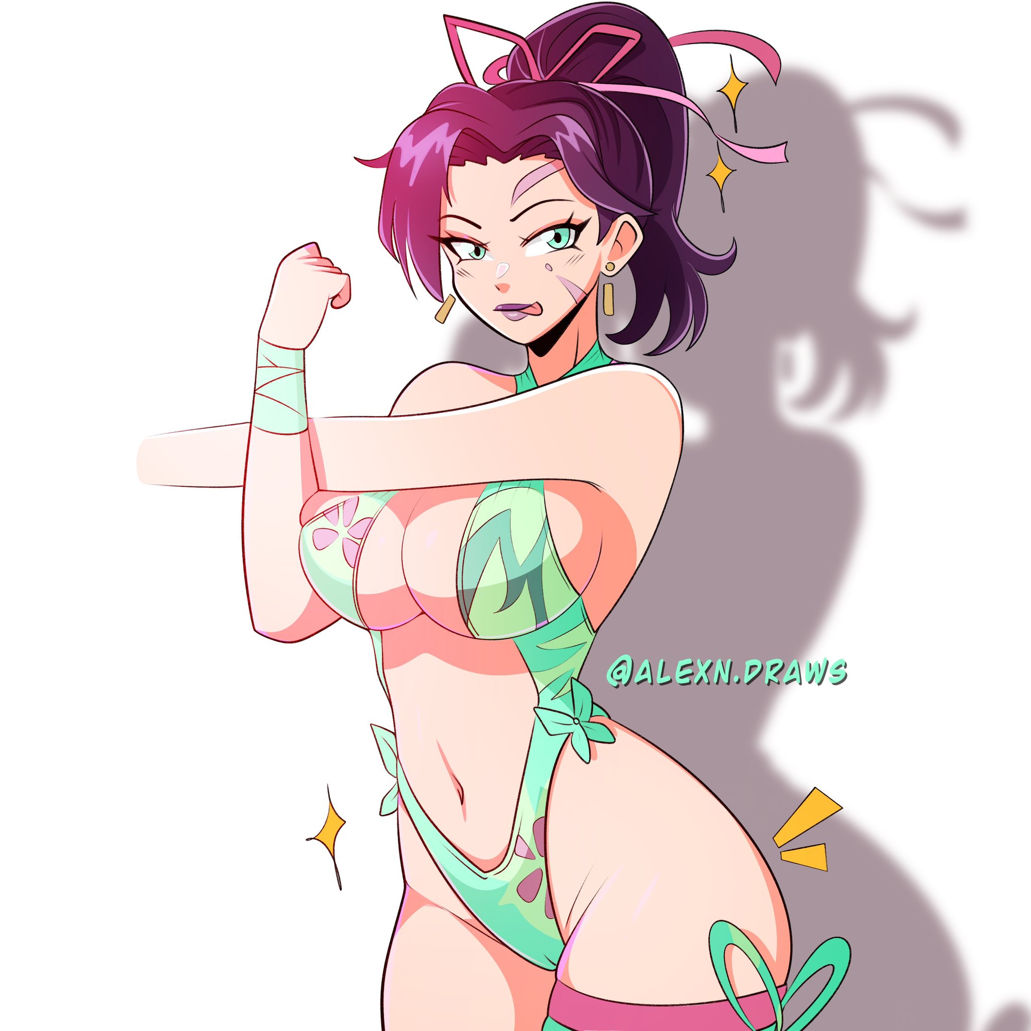 1girls, 2020s, 2025, 2025s, 2d, alexndraws, big breasts, bikini, breasts, butterfly hair ornament, digital drawing (artwork), digital media (artwork), face markings, female, female focus, female only, green eyes, hourglass figure, hourglass figured female, jpg, light green eyes, marvel, marvel rivals, no background, one-piece swimsuit, ponytail, psylocke, psylocke (marvel rivals), psylocke (sai) (breezy butterfly), purple hair, questionable, shadow, shiny, shiny hair, shiny skin, simple background, slim, slim waist, solo, solo female, solo focus, stretching, summer uniform, swimsuit, tongue out, twitter username, watermark, white background, wrist wraps