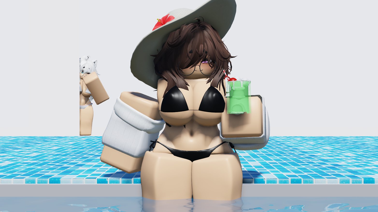 2girls, 3d, bikini, clothed, cum, cum in drink, fat thighs, fat tits, horny face, huge breasts, roblox, roblox avatar, robloxian, rr34neko, source request, tagme