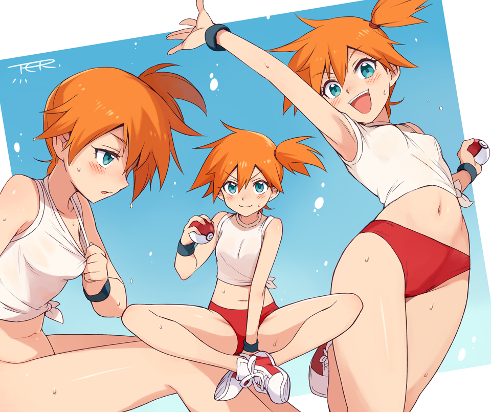 :d, 1girls, arm up, armpits, blue background, blue eyes, blush, bottomless, bottomless female, bracelet, breasts, buruma, clothed, clothed female, collarbone, eyelashes, female, female only, human, human only, kasumi (pokemon), looking at viewer, midriff, navel, nintendo, open mouth, orange hair, poke ball, pokemon, pokemon rgby, red panties, shiny, shiny skin, shirt, shirt pull, shoes, short hair, shorts, side ponytail, signature, sitting, small breasts, smile, solo, source request, spread legs, standing, sweat, tank top, ter (otokoter), text, tied shirt, toku (ke7416613), watermark, waving, wristband