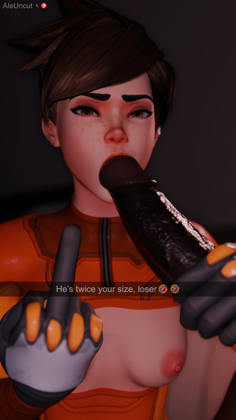 :>=, 1boy, 1boy1girl, 1girls, 3d, aleuncut, black gloves, breast window, brown hair, dark penis, dark skin, dark-skinned male, darkroom3dx, fellatio, flipping off, flipping viewer off, freckles, freckles on face, gloved handjob, gloves, hand on penis, handjob, handjob with gloves, holding penis, interracial, latex suit, middle finger, netorare, nipples, ntr, oral, oral sex, overwatch, overwatch 2, size queen, small penis humiliation, snapchat, snapchat ntr, snapchat sexting, straight, teasing, teasing cuck, teasing cuck with phone, teasing cuck with snap, teasing viewer, text, touching penis, tracer, tracer (overwatch 2 suit)