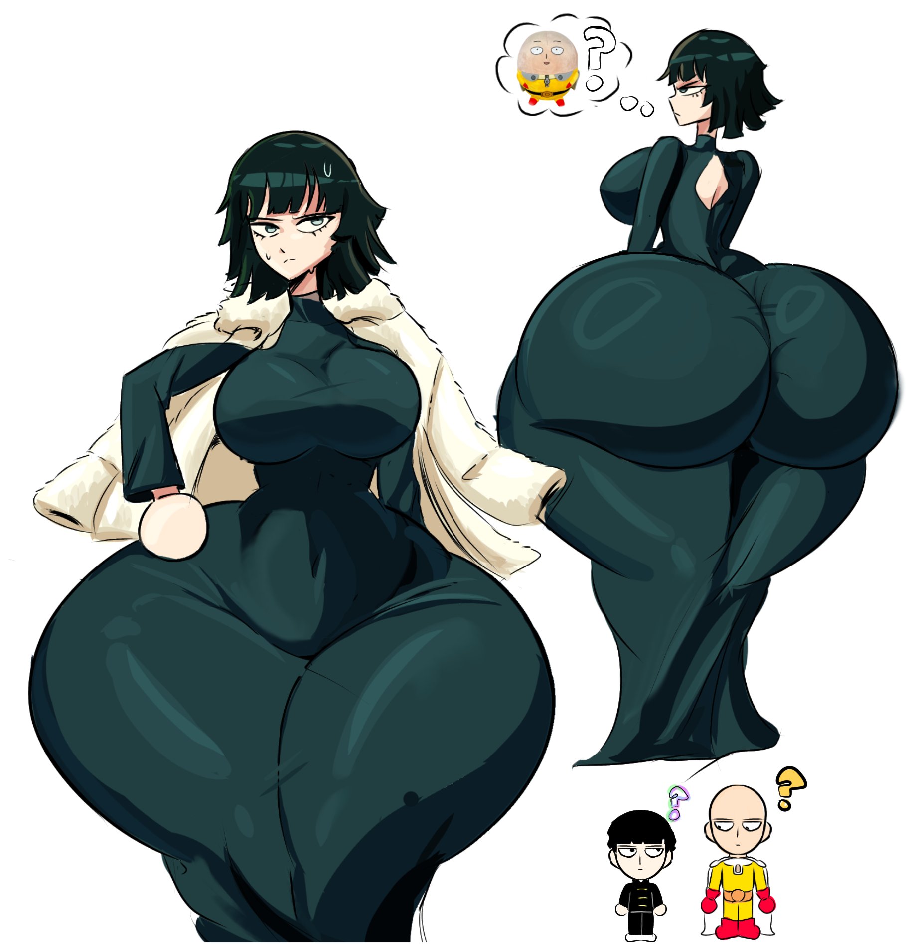 ?, 1girls, 2boys2girls, 2girls2boys, ass, ass body, ass focus, bald, bangs, bottom heavy, bottomless female, bowl cut, bubble ass, bubble butt, child bearing hips, curvaceous female, curvaceous figure, curves, curvy body, curvy figure, curvy hips, different angle, dress, dumptruck ass, dumptruck butt, dumpy, duplicate, fair skin, fair-skinned female, fair-skinned female body, fair-skinned male, fat ass, female focus, fubuki (one-punch man), fur coat, gigantic ass, gigantic butt, gluteal fold, green dress, hips wider than shoulders, huge ass, huge breasts, jpeg, looking at another, massive ass, massive hips, massive thighs, mob psycho 100, no background, one (mangaka), one punch man, one-punch man, pear shaped, pear-shaped figure, round ass, round butt, saitama, salasisra, same character, shigeo kageyama, short hair, simple background, slsa lea, slsisra, thick as fuck, thick ass, thick butt, thick thighs, thought bubble, thunder thighs, thunderthighs, twitter link, voluptuous, voluptuous body, white background