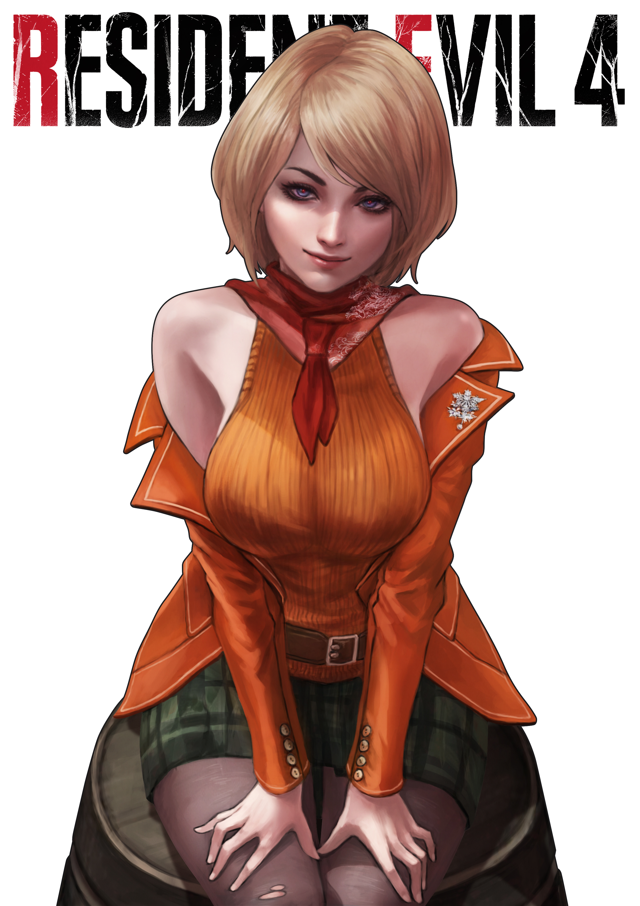 1girls, absurdres, ashley graham, bare shoulders, belt, black pantyhose, blonde hair, blue eyes, bob cut, breasts, brown belt, closed mouth, commentary, copyright name, english commentary, female, female only, green skirt, hands on own legs, highres, jacket, jewelry, large breasts, looking at viewer, monori rogue, monorirogue, open clothes, open jacket, orange sweater, orange sweater vest, pantyhose, plaid clothes, plaid skirt, red scarf, resident evil, resident evil 4, resident evil 4 remake, scarf, short hair, simple background, skirt, sleeveless, sleeveless turtleneck, sleeveless turtleneck sweater, smile, solo, sweater, sweater vest, torn clothes, torn pantyhose, turtleneck, turtleneck sweater, white background