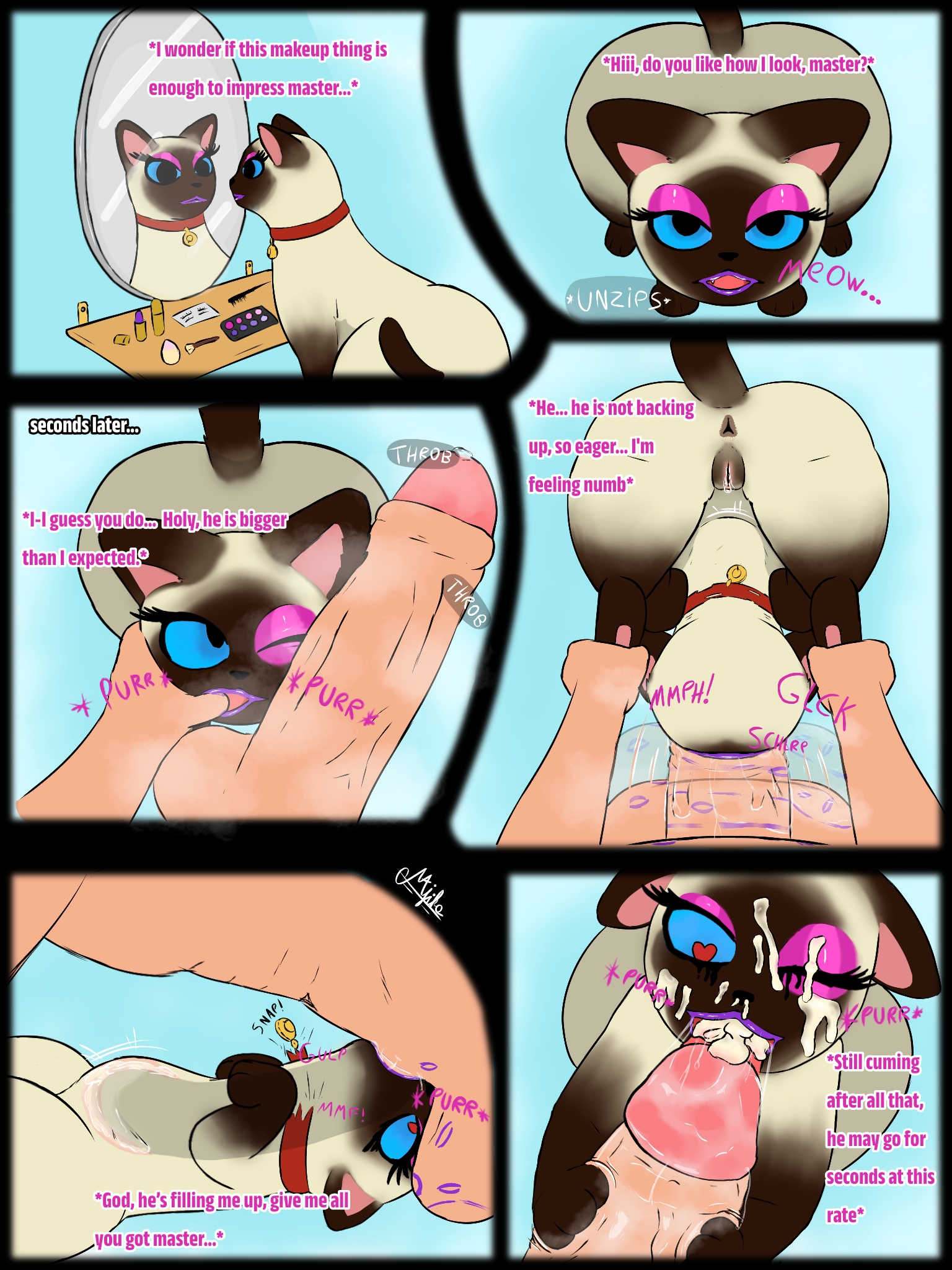 2026, a cat is fine too, anus, ass, balls, balls deep, big butt, big penis, black eyes, blue sclera, bodily fluids, brown body, brown fur, bulge, collar, comic, cum, cum from nose, cum in mouth, cum in nose, cum in stomach, cum inside, cum on face, cum on tongue, deep throat, dialogue, domestic cat, dominant, dominant human, dominant male, duo, english text, eyelashes, face fucking, felid, feline, felis, female, feral, finger in mouth, fur, furniture, genital fluids, genitals, grabbing both legs, heart eyes, heart symbol, hi res, huge butt, huge cock, human, irrumatio, kiss mark, larger human, larger male, lipstick, lipstick on balls, lipstick on penis, looking at another, looking at genitalia, looking at mirror, looking at object, looking at penis, looking at viewer, looking pleasured, looking up, looking up at partner, lying, majika, makeup, makeup brush, makeup kit, male, male/female, mammal, meme, mirror, multiple scenarios, neck bulge, on back, one eye closed, open mouth, oral, oral penetration, paws, penetration, penile, penis, penis grab, penis in mouth, penis on face, pivoted ears, precum, purple lipstick, running makeup, sex, siamese, signature, simple background, sitting, size difference, smaller female, smaller feral, sound effects, stomach bulge, tail, tan body, tan fur, text, thick thighs, tongue, until it snaps, vaginal fluids, vulva, zoophilia
