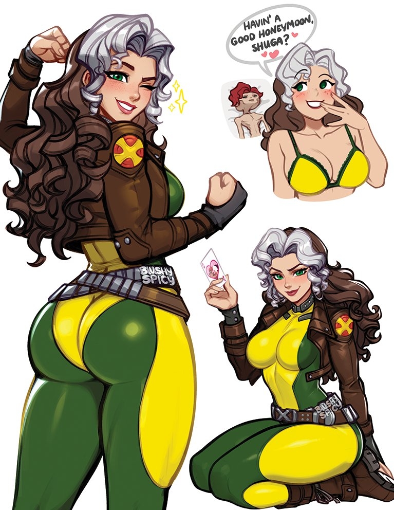 1boy, 1girls, ass, blushypixy, blushyspicy, bodysuit, boots, bra, breasts, brown boots, brown hair, card, cleavage, clenched hand, closed mouth, commentary, english commentary, english text, female, gambit, green bodysuit, green eyes, grin, guy tired after sex (meme), heart, holding, holding card, huge ass, large breasts, looking at viewer, marvel, marvel rivals, meme, mexico alien, multicolored bodysuit, multicolored hair, multiple views, mutant (marvel), mutant love, parted lips, rogue (marvel rivals), rogue (x-men), seiza, simple background, sitting, smile, sparkle, speech bubble, straight, superhero costume, two-tone bodysuit, two-tone hair, underwear, white background, white hair, yellow bodysuit, yellow bra