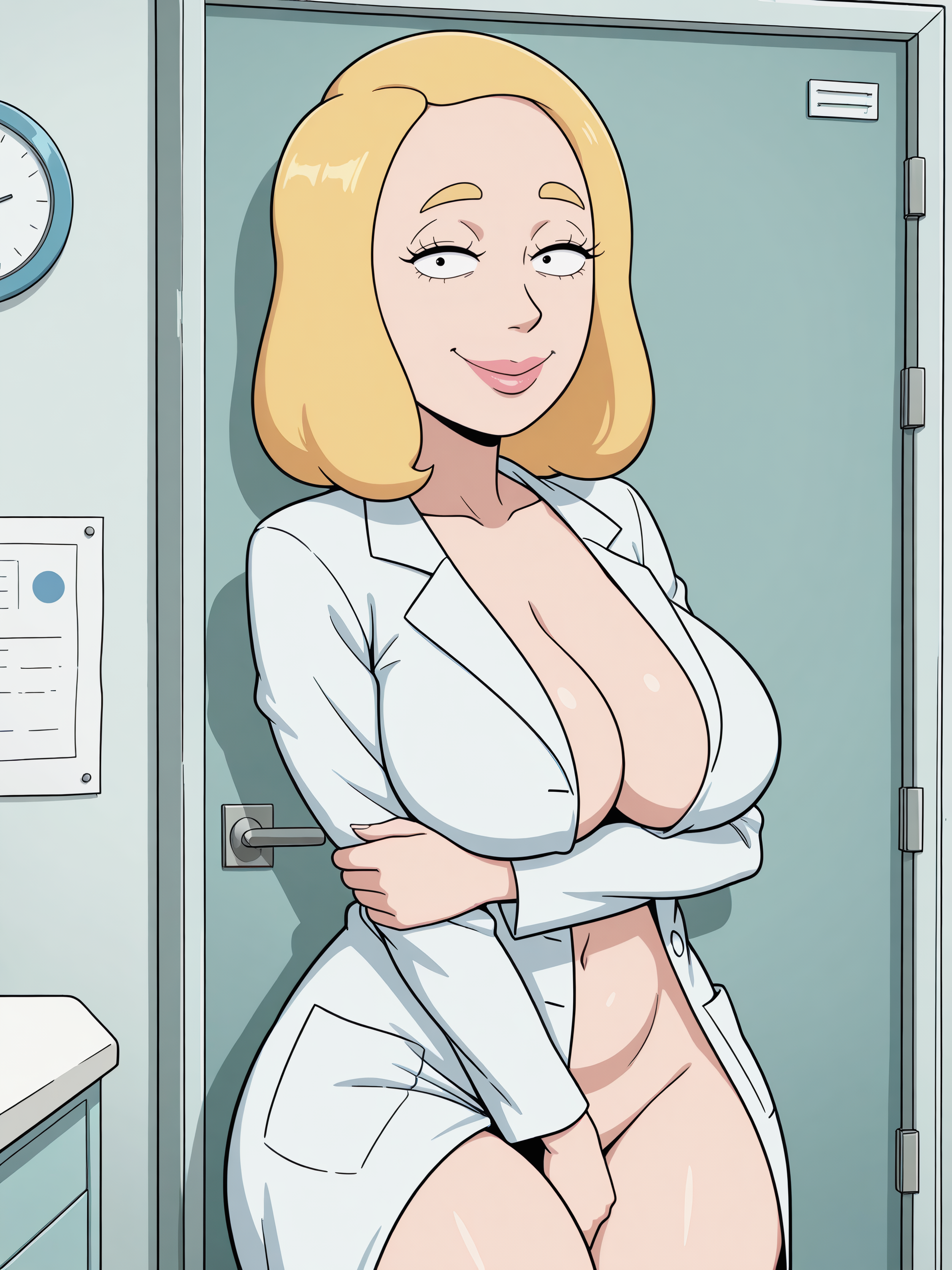 ai generated, beth smith, big ass, big breasts, big butt, cartoon, cartoon character, cartoon milf, cartoon mom, cartoony, covered pussy, doctor, hospital, indoors, labcoat, mature female, mature woman, milf, mommy, mother, naked, naked female, rick and morty, robotkesh, seductive, seductive look, solo, solo female, teasing, thick thighs, wide hips