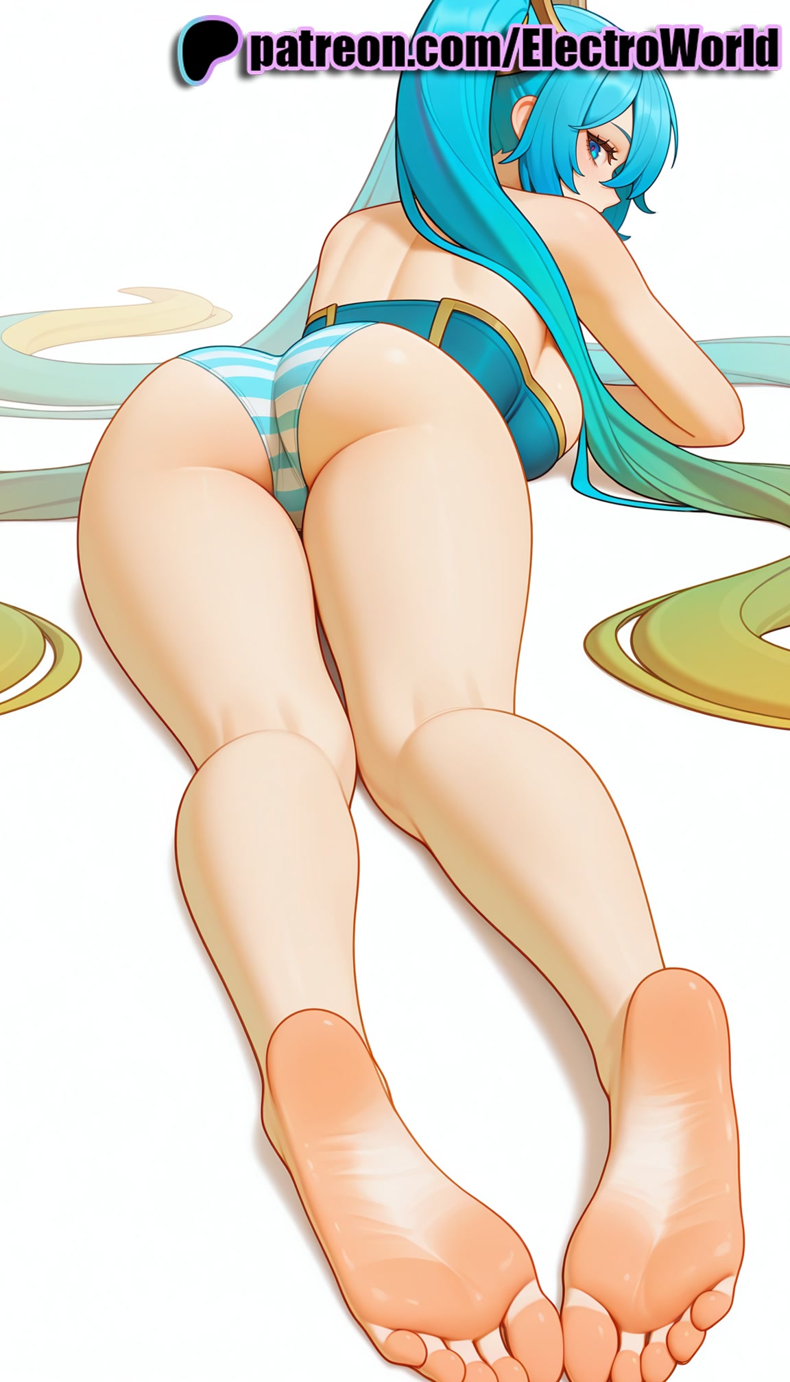 1girls, 2026, ai generated, aqua hair, artist name, ass, barefoot, electroworld, feet, feet fetish, female, foot fetish, foot focus, foreshortening, from behind, hi res, high quality, high resolution, highres, league of legends, long hair, looking at viewer, patreon, patreon username, soles, solo, sona buvelle, stable diffusion, striped, toes, watermark, white background