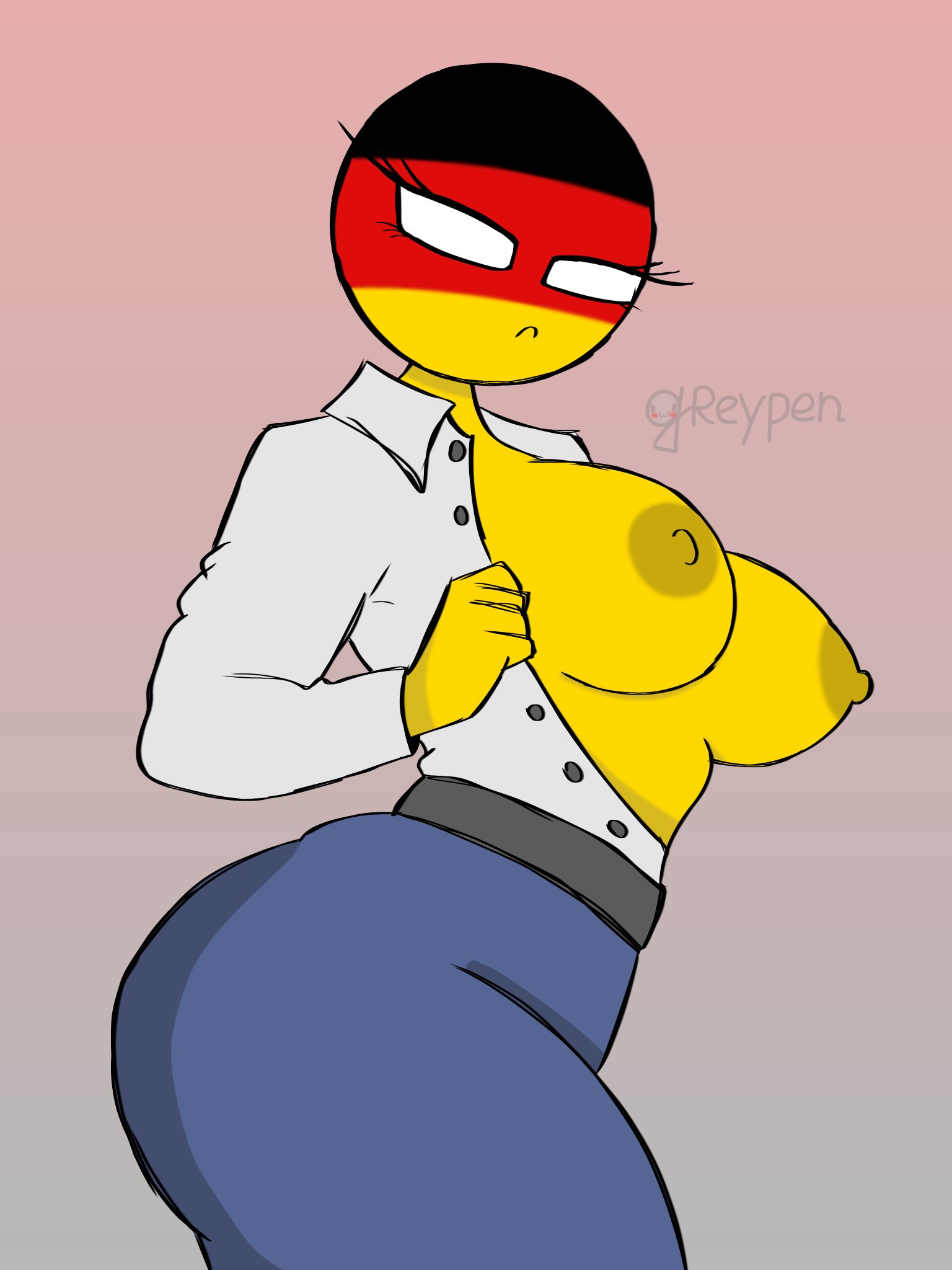 1female, 1girls, ass, belt, big ass, big breasts, big butt, blue jeans, breasts, bubble butt, butt, button down shirt, collar, countryhumans, countryhumans girl, eyelashes, female, female focus, german, german female, germanic, germanic female, germany (countryhumans), greypen, jeans, large breasts, large butt, large penis, open shirt, shirt collar, solo, solo female, white shirt, yellow body, yellow skin