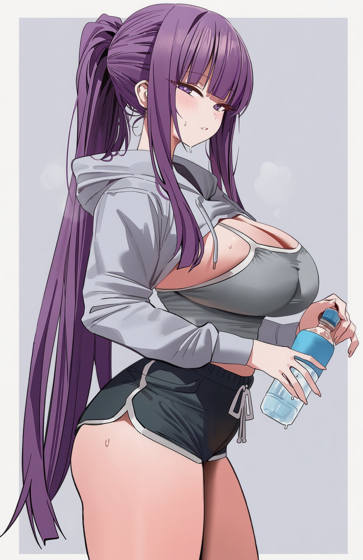 1girls, ai generated, aiart fring, bangs, big breasts, blush, bottle, breasts, cleavage, eyebrows visible through hair, female, female only, fern (sousou no frieren), fring853, hood, jacket, large breasts, long hair, looking at viewer, ponytail, purple eyes, purple hair, short shorts, shorts, sidelocks, solo, sousou no frieren, sweat, thighs, very long hair