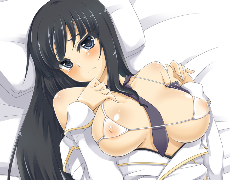 bed bikini_top black_hair blue_eyes blush breasts female female frown gokubuto_mayuge hime_cut ikaruga_(senran_kagura) large_breasts long_hair looking_at_viewer lying necktie nipples on_back open_clothes open_shirt pillow see-through senran_kagura senran_kagura_(series) shirt skirt solo standing tears uniform