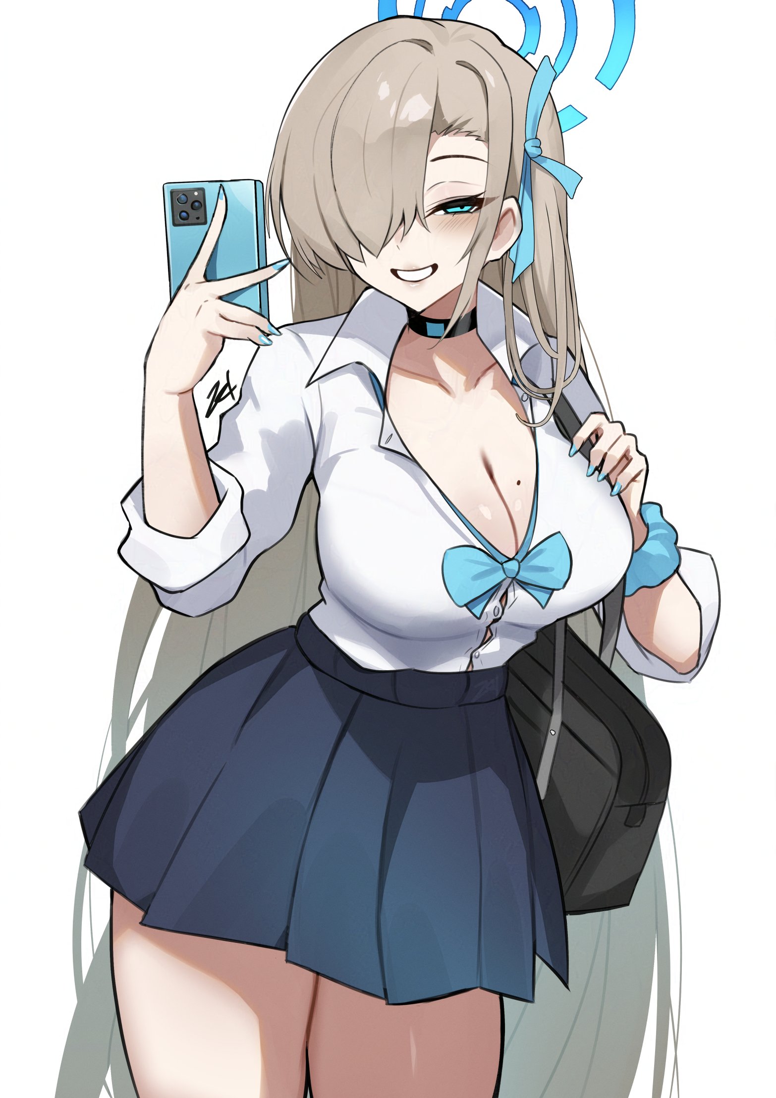 1girls, asuna (blue archive), asuna (school uniform) (blue archive), bag, black choker, blue archive, blue eyes, blue halo, blue nails, breasts, brown hair, cellphone, choker, cleavage, female, female only, grin, hair over one eye, halo, highres, holding, holding bag, holding phone, large breasts, long hair, looking at viewer, mole, nail polish, phone, pleated skirt, school bag, school uniform, scrunchie, simple background, skirt, smartphone, smile, very long hair, white background, wrist scrunchie, zet (twt zet)
