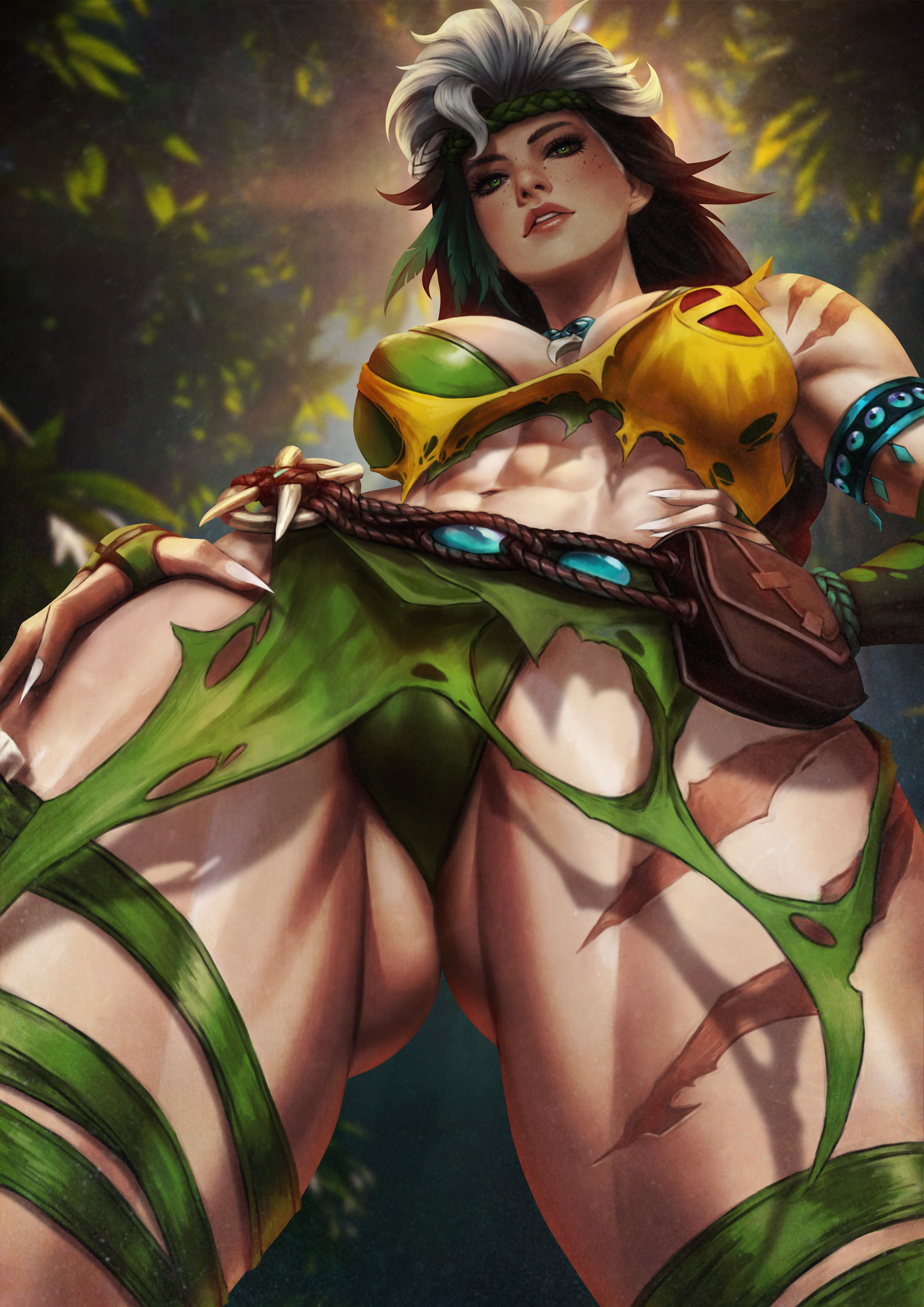 1girls, abs, absurdres, armlet, belt bag, bone necklace, bra, breasts, brown hair, commentary, crop top, english commentary, female, female only, fingerless gloves, fingernails, freckles, from below, gloves, gluteal fold, green bra, green eyes, green gloves, green headband, green panties, hand on own hip, headband, highres, jewelry, jungle, large breasts, lips, long fingernails, looking at viewer, marvel, marvel rivals, midriff, monori rogue, monorirogue, multicolored hair, multiple thigh straps, nature, navel, official alternate costume, panties, parted lips, rogue (marvel rivals), rogue (savage land), rogue (x-men), savage land, scar, scar on shoulder, scar on thighs, shirt, solo, thigh strap, toned, toned female, torn clothes, two-tone hair, underwear, white hair, x-men