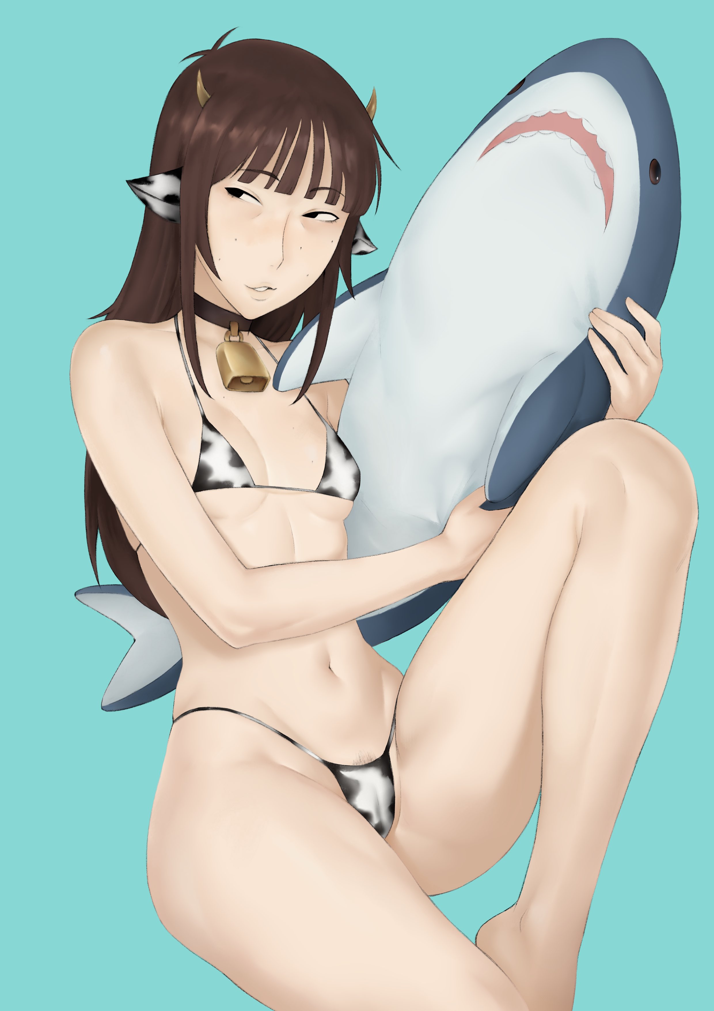 1girls, belly button, bikini, blahaj, brown eyes, brown hair, covered nipples, cow girl, cow print, cowbell, female, female only, freckles, freckles on face, holding object, kara eklund (hitsujigoods), light-skinned female, meruzis, navel, neet, neet girl, petite breasts, plushie, shaved pussy, small breasts, solo, stuffed animal, thick thighs