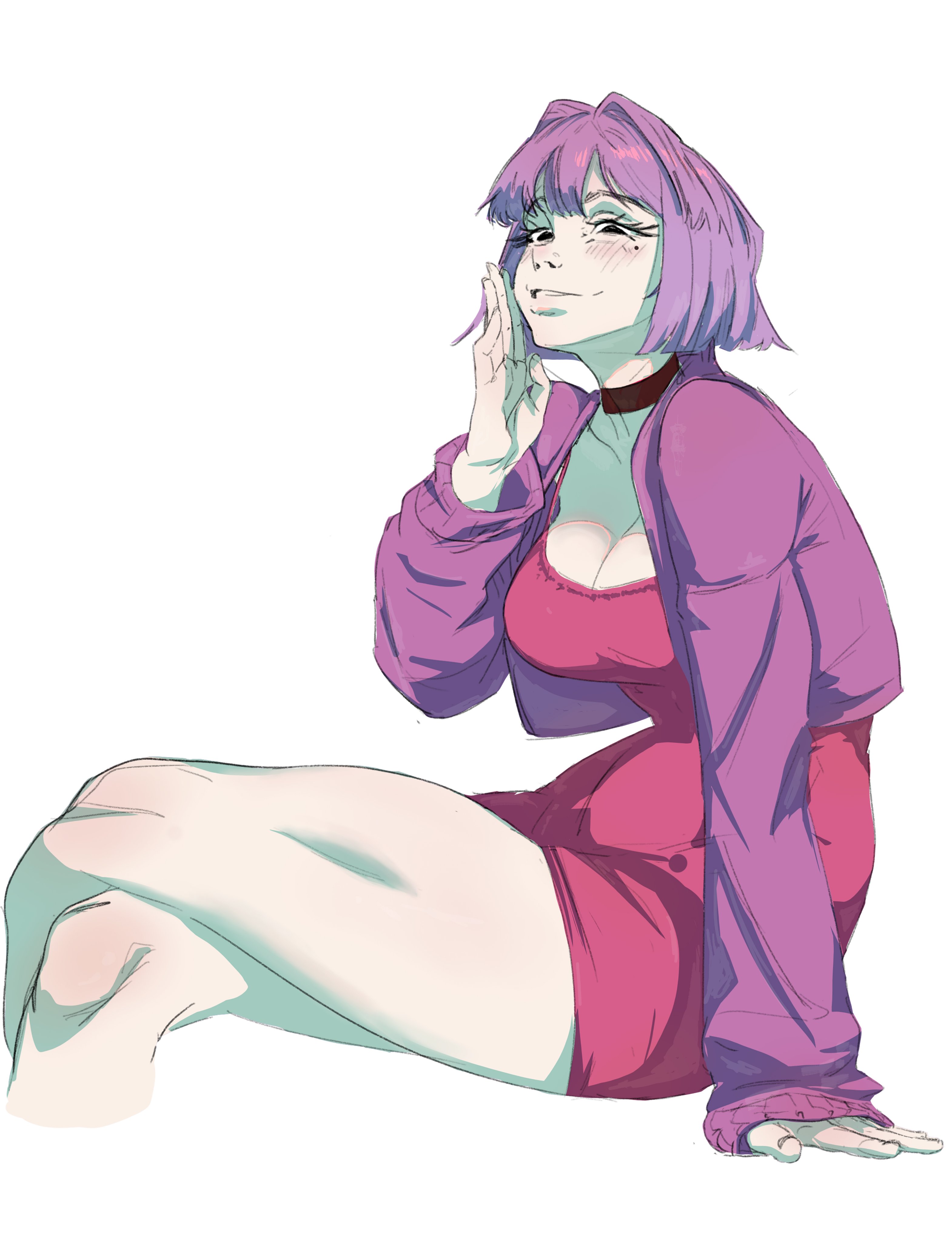 2d, amelia (pathways), bare legs, big breasts, breasts, british, british female, busty, choker, cleavage, dress, female, female focus, female only, hourglass figure, jacket, pathways (game), pinup, pinup pose, purple hair, shinoe rhyme, sitting, tagme, union jack, wide hips