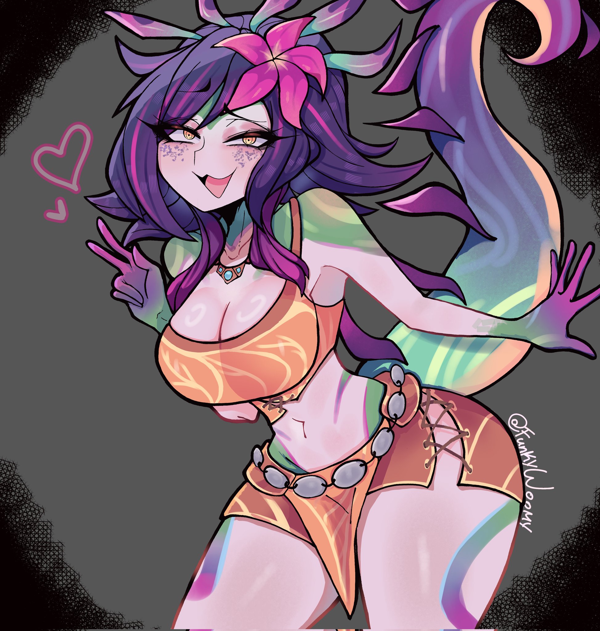 1girls, belly, belly button, big breasts, breasts, crop top, female, female focus, female only, flower, flower in hair, fully clothed, fully clothed female, funkywoomy (artist), grey background, hi res, hips, league of legends, light skin, light-skinned female, lizard girl, lizard tail, looking at viewer, neeko, purple hair, riot games, shorts, simple background, smug, smug face, smug grin, tagme, thick thighs, thighs, wide hips, yellow eyes