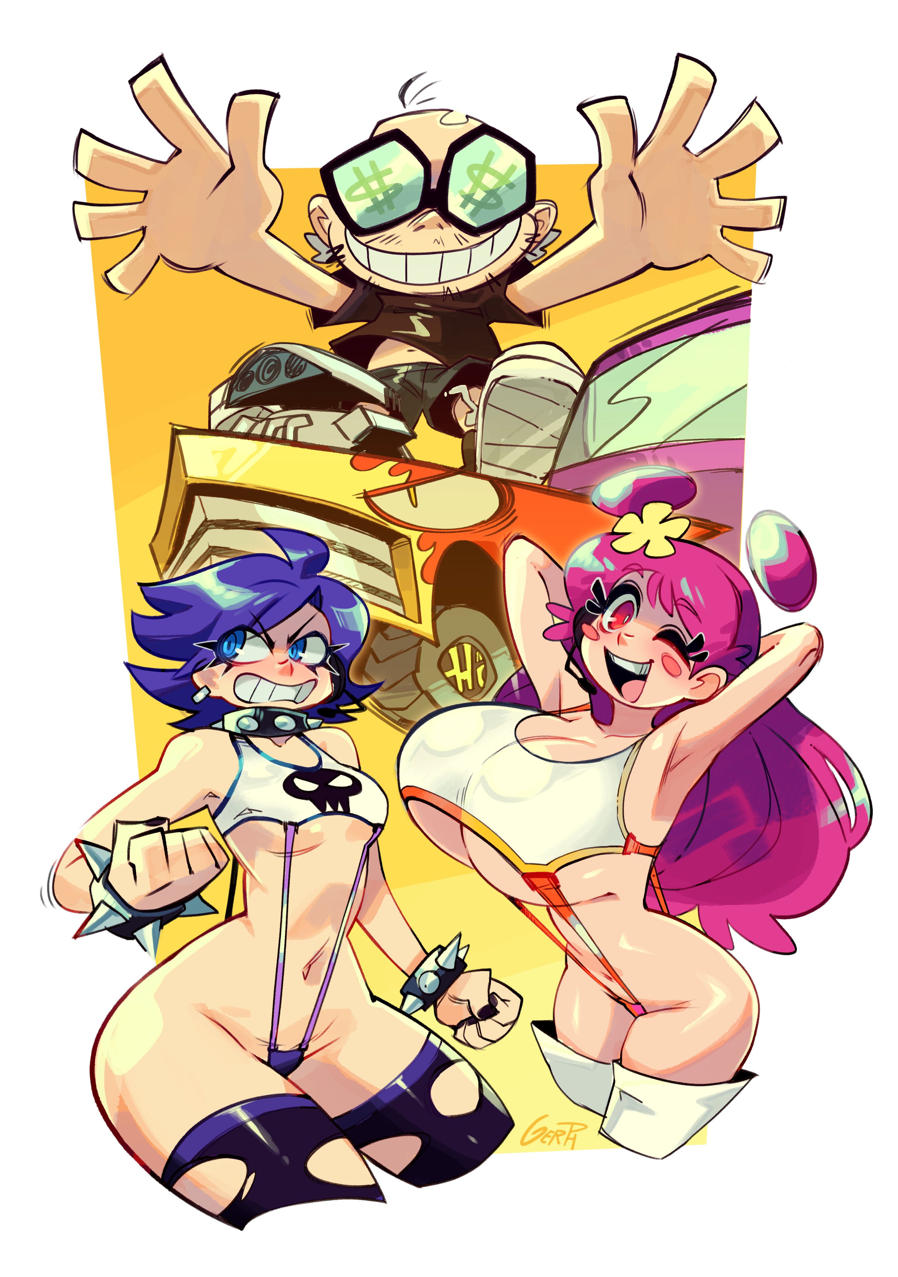 $, 1boy, 2girls, ami onuki, breasts, cartoon network, female, gerph, glasses, hi hi puffy amiyumi, huge breasts, light skin, light-skinned female, long hair, pink hair, purple hair, ripped stockings, short hair, small breasts, yumi yoshimura