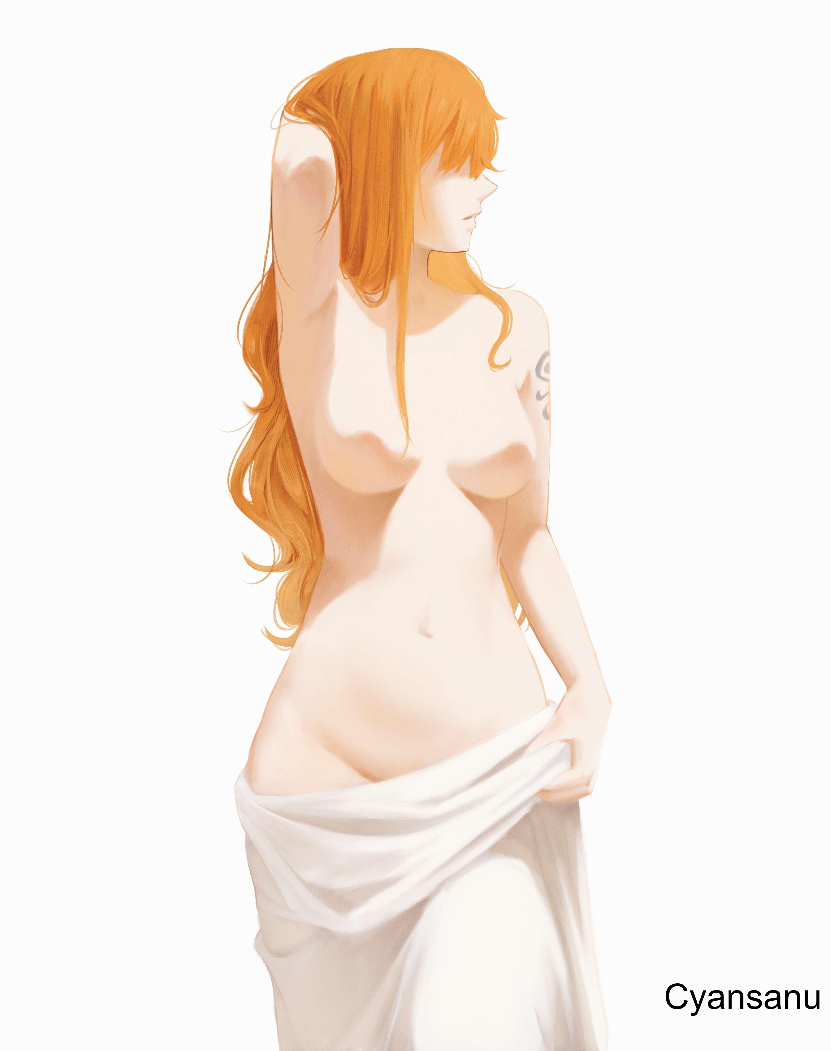 1girls, 2d, 2d (artwork), 2d artwork, adult, adult female, almost naked, almost nude, alternate breast size, areola, areolae, arm tattoo, armpit, armpit crease, armpit peek, armpits, artistic nude, artistic nudity, average breasts, bare armpits, bare arms, bare belly, bare breasts, bare chest, bare hands, bare hips, bare midriff, bare navel, bare nipples, bare shoulders, bare skin, bare tits, bare torso, belly, belly button, blue tattoo, breasts, breasts apart, busty, busty female, collarbone, curvaceous, curvaceous body, curvaceous female, curvaceous figure, curvaceous hips, curvy, curvy body, curvy female, curvy figure, curvy hips, cyansanu, digital, digital art, digital drawing, digital drawing (artwork), digital media, digital media (artwork), elbows, exposed armpits, exposed arms, exposed belly, exposed breasts, exposed chest, exposed hips, exposed midriff, exposed navel, exposed nipples, exposed shoulders, exposed skin, exposed torso, female, female focus, female only, fingers, ginger, ginger hair, groin, hair covering eyes, hair covering face, hairless armpits, head tilt, high resolution, highres, hourglass figure, inframammary fold, inguinal crease, inguinal ligament, lean figure, long hair, looking sideways, looking to the side, mature, mature female, medium breasts, midriff, mostly nude, naked, naked female, naked woman, nami (one piece), narrow waist, navel, nearly nude, nipples, nude, nude female, nudity, one piece, orange eyebrows, orange eyes, orange hair, orange hair female, orange-eyed female, orange-haired female, pink areola, pink areolae, pink nipples, post-timeskip, practically nude, profile, shaved armpits, shoulders, simple background, slender body, slender waist, slim waist, soft lighting, soft shading, solo, standing, tattoo, tattoo on arm, tattooed arm, thighs, tilted head, topless, topless female, uncensored, uncensored breasts, uncensored nipples, upper body, wavy hair, white background, wide hips