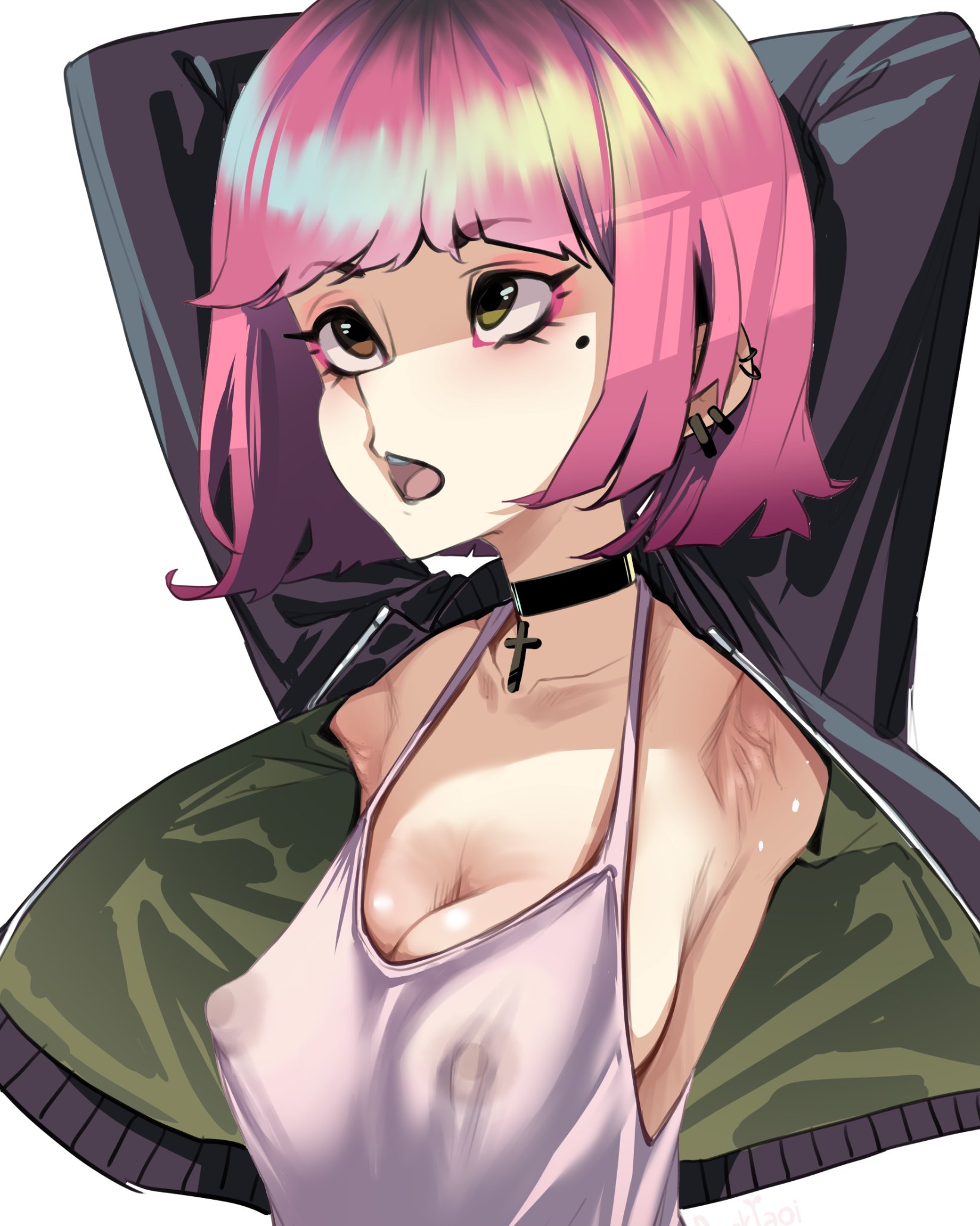 1girls, 2d, alt girl, amelia (pathways), armpits, arms up, bob cut, breasts, british, british female, busty, choker, cleavage, dark yaoi, dress, emo, emo girl, erect nipples, female, female focus, female only, hands behind head, jacket, makeup, medium breasts, nipple bulge, pathways (game), purple hair, see-through, see-through clothing, see-through dress, short hair, tagme