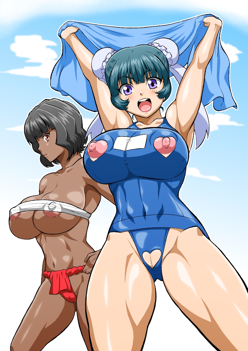 2girls armpits arms_up bare_legs beyblade black_hair blush breasts brown_eyes cloud dark-skinned_female dark_skin fingers fundoshi green_hair hand_on_hip hands happy heart_cutout hips hokuto_(tokuho) large_breasts legs looking_at_viewer mei_mei_(beyblade) metal_fight_beyblade multiple_girls nipple_cutout nipples one-piece_swimsuit open_mouth puffy_nipples purple_eyes pussy school_swimsuit selen_garcia shiny shiny_skin short_hair sky smile standing stomach swimsuit tongue towel