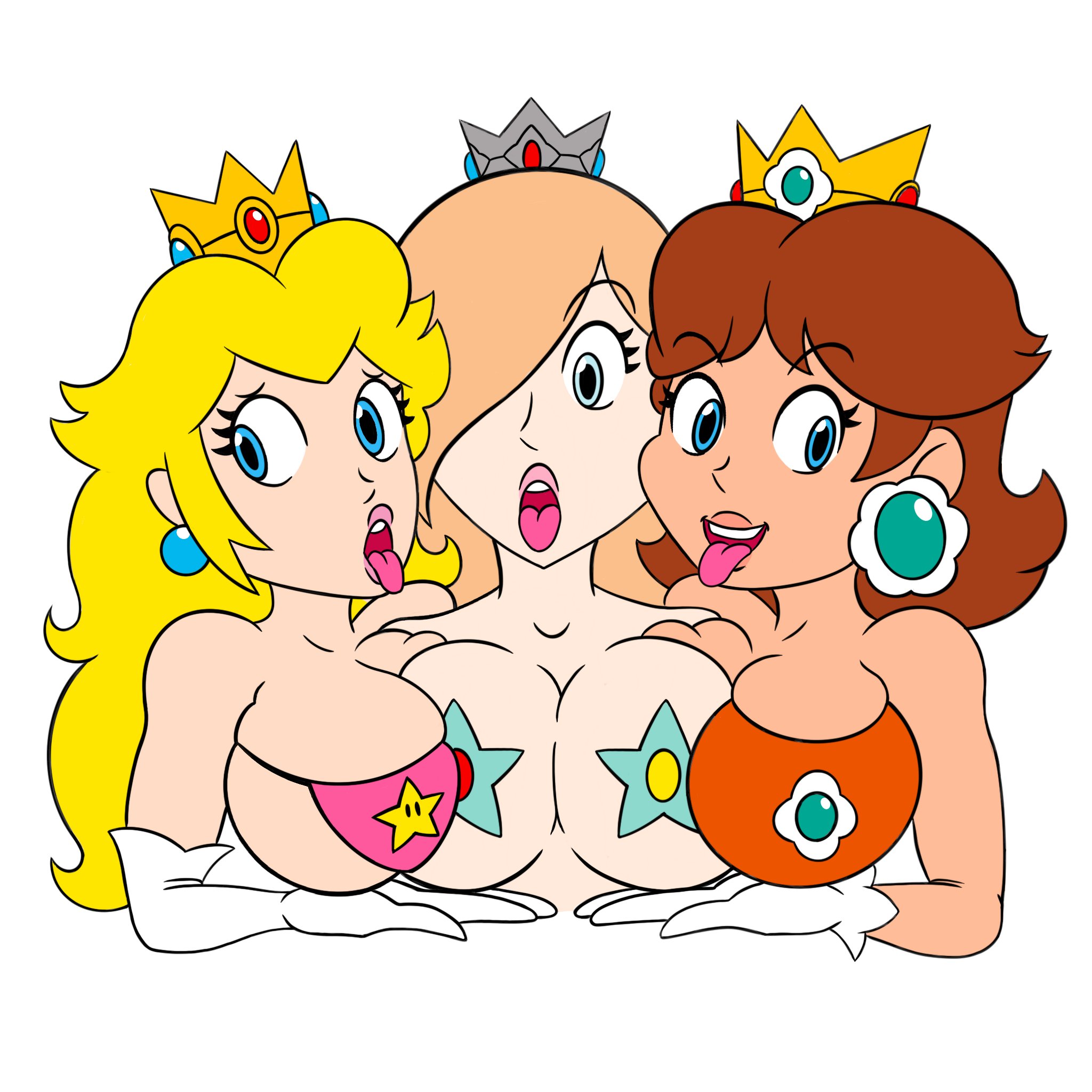 2d, 3girls, big breasts, breasts, busty, female, female focus, female only, mario (series), mr.pixel, nintendo, princess, princess daisy, princess peach, princess rosalina, super mario bros.