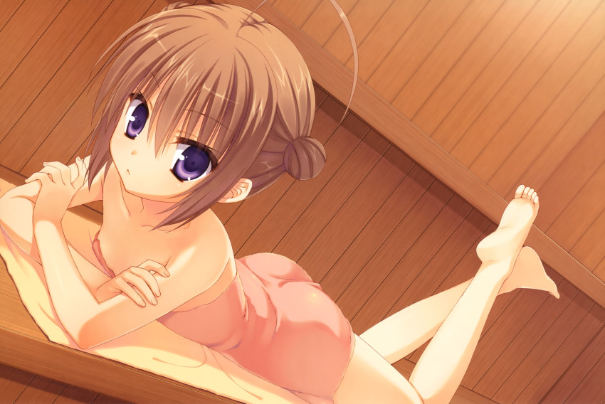 :<, absurdres, ahoge, ass, bangs, bare shoulders, barefoot, blush, brown hair, collarbone, crossed arms, double bun, dutch angle, feet, female, fingernails, hair between eyes, hair bun, hands, haruna (kore wa zombie desu ka?), indoors, kobuichi, kore wa zombie desu ka?, legs, legs up, long image, looking at viewer, lying, muririn, naked towel, nude, on stomach, purple eyes, sauna, scan, shadow, shiny, shiny hair, shiny skin, short hair, soles, solo, toes, towel, wall