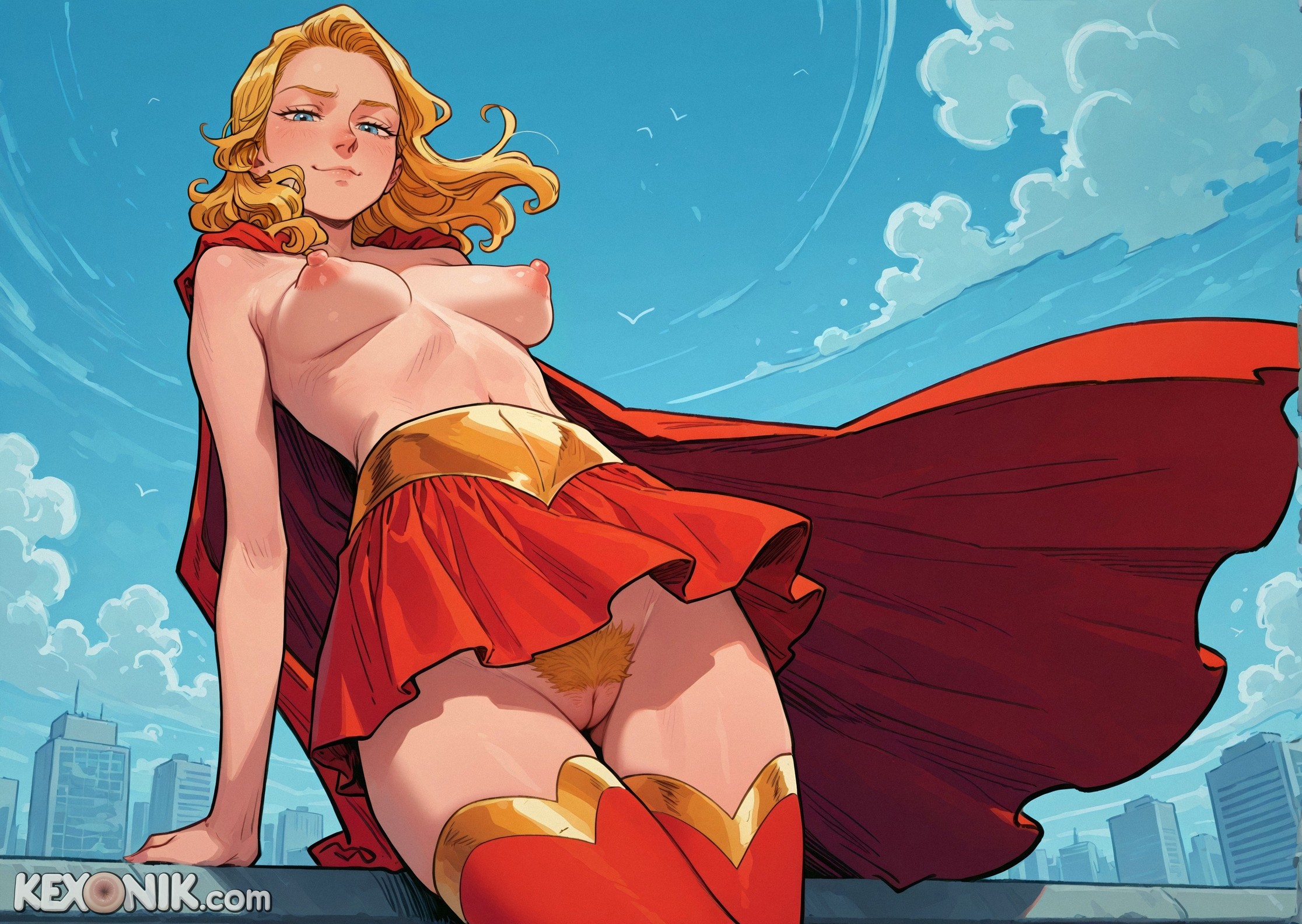 1girls, ai generated, blonde hair, blue eyes, cityscape, cleft of venus, clouds, crossed legs, day, dc, dc comics, excessive pubic hair, female, from below, hairy pussy, kexonik, looking at viewer, medium breasts, mini skirt, pubic hair, puffy areolae, puffy nipples, red cape, red skirt, red thighhighs, rooftop, sagging breasts, side view, smug, solo, standing, supergirl, superman (series), thigh gap, topless