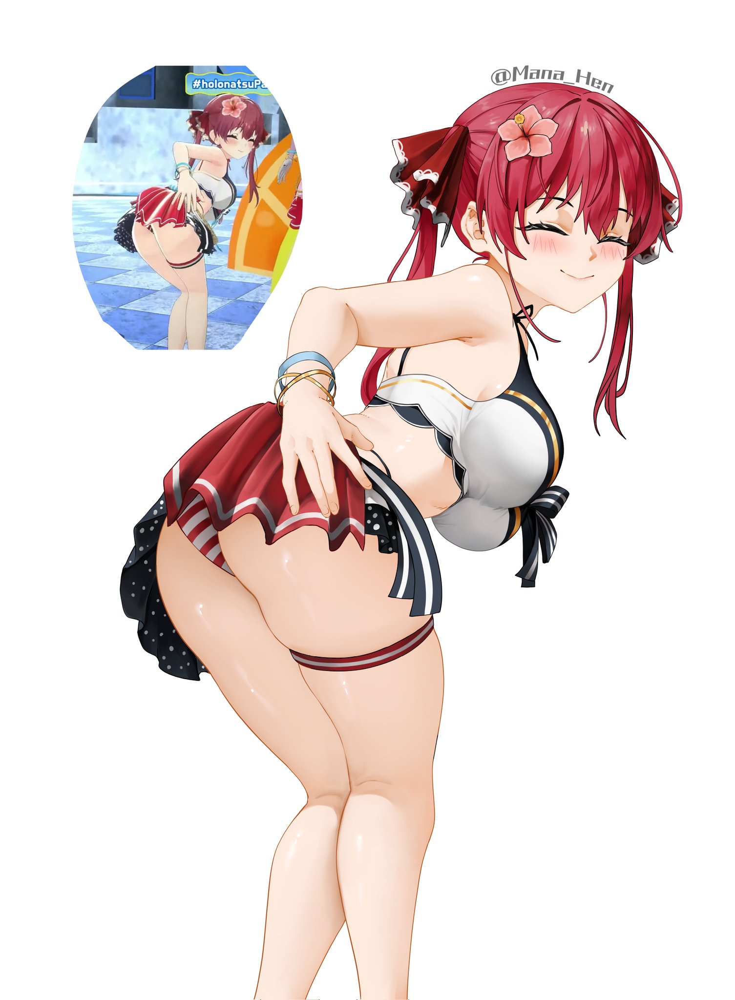 2d, 2d (artwork), ass, ass focus, back, back view, black panties, blush, butt focus, closed eyes, female, hololive, hololive japan, houshou marine, legs, light skin, light-skinned female, manasenshou, panties, pose, red hair, skirt, thick thighs, thighs, twintails, virtual youtuber, vtuber, white background