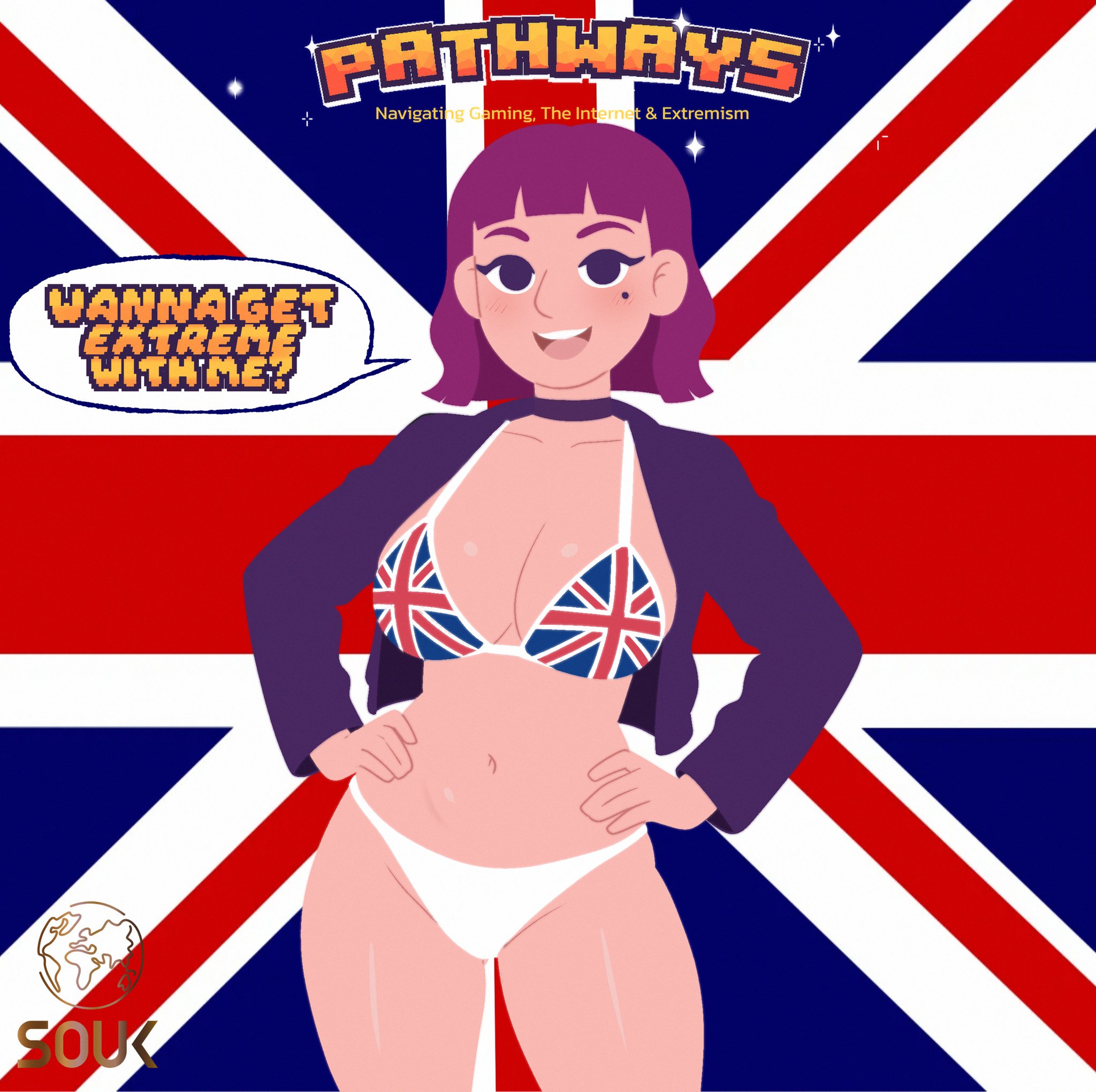 1girls, amelia (pathways), avidagrem2, big breasts, bikini, breasts, british, british female, busty, choker, confident, corporate art, english, english text, eyeliner, female, female only, flag, flag bikini, flag print, fringe, half-closed eyes, hands on hips, jacket, large breasts, leather jacket, light skin, light-skinned female, looking at viewer, mascara, mole, mole under eye, navel, panties, pathways (game), pose, posing, presenting to viewer, purple hair, racism (lore), sensual, sexy, sexy pose, short hair, smile, smiling, smiling at viewer, talking to viewer, union jack, union jack background, union jack bra, united kingdom, voluptuous