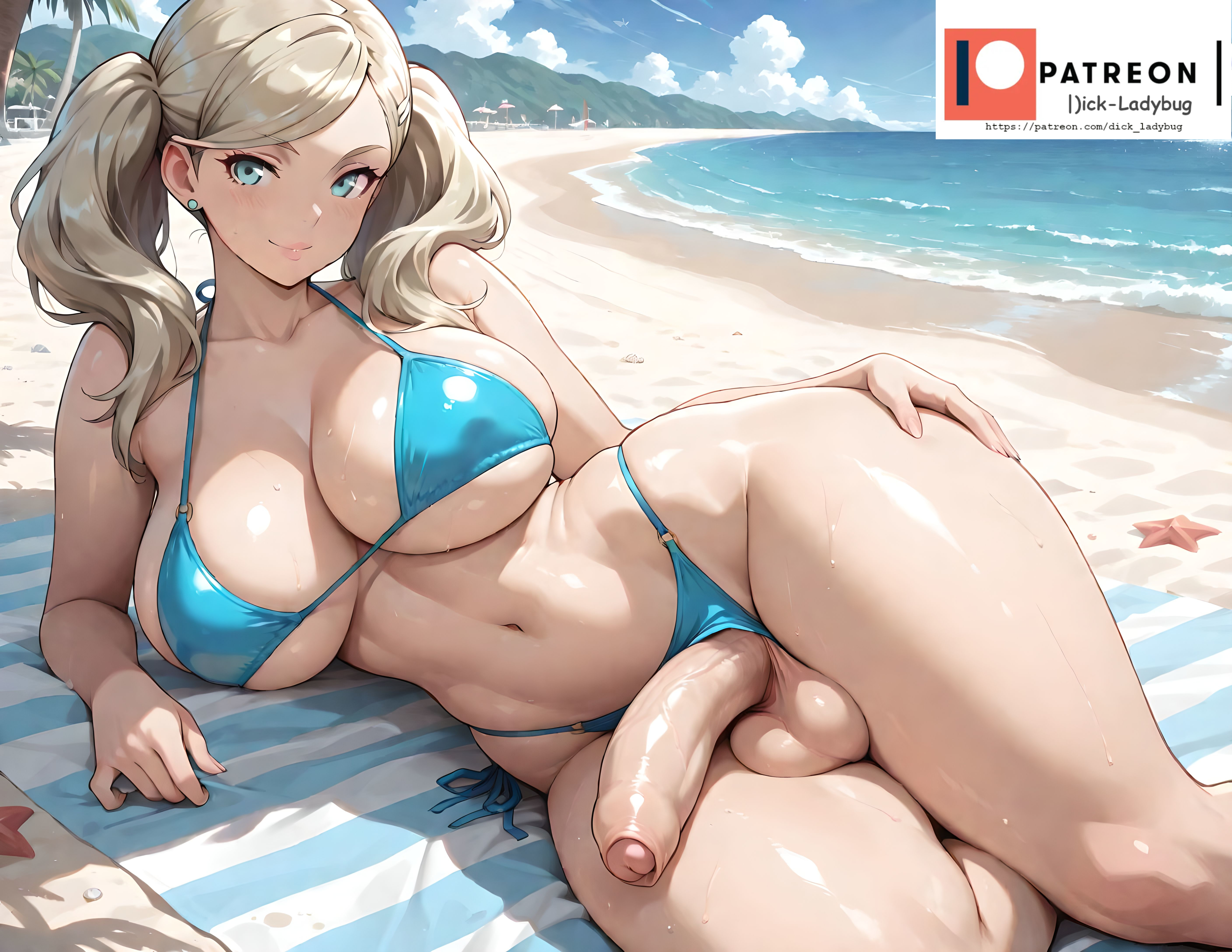 ai generated, ann takamaki, beach, big breasts, big penis, bikini, futanari